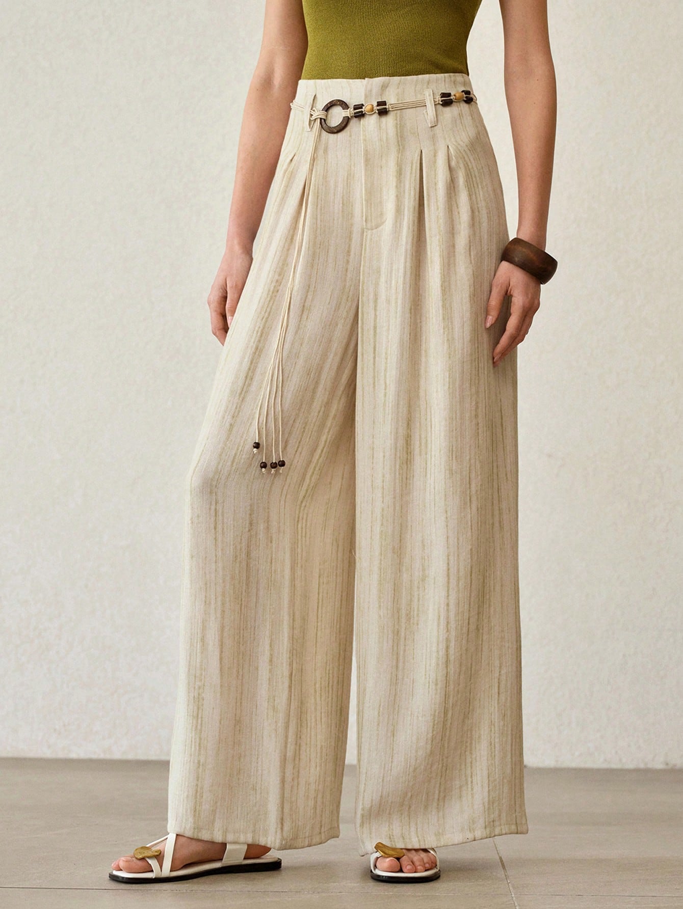 CM-BS166163 Women Trendy Bohemian Style High Waist Tie-Dye Linen-Like Belted Wide-Leg Pants