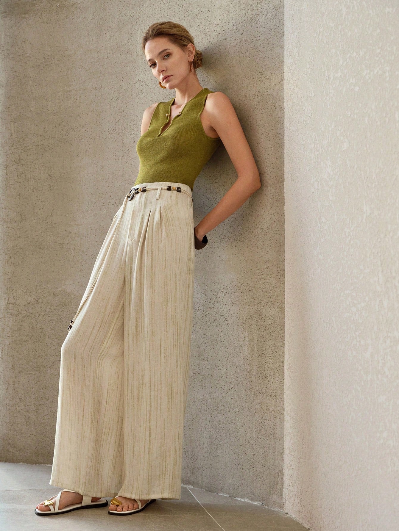 CM-BS166163 Women Trendy Bohemian Style High Waist Tie-Dye Linen-Like Belted Wide-Leg Pants