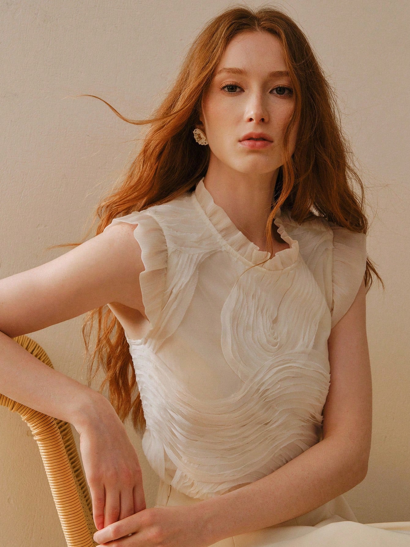 CM-TS427575 Women Elegant Seoul Style Stand Collar Patchwork Asymmetrical Textured Design Loose Top - Apricot