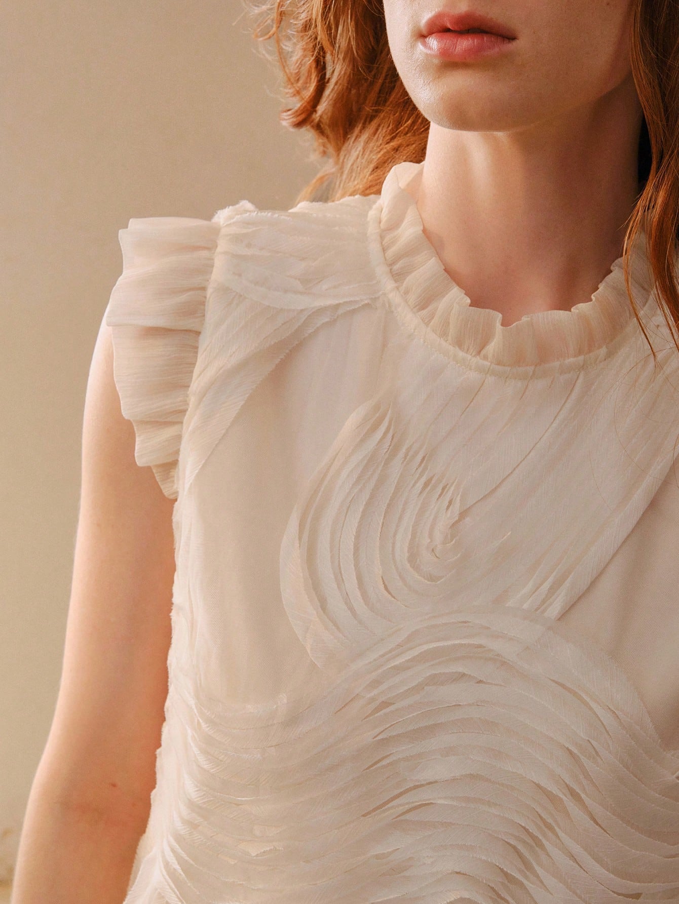 CM-TS427575 Women Elegant Seoul Style Stand Collar Patchwork Asymmetrical Textured Design Loose Top - Apricot