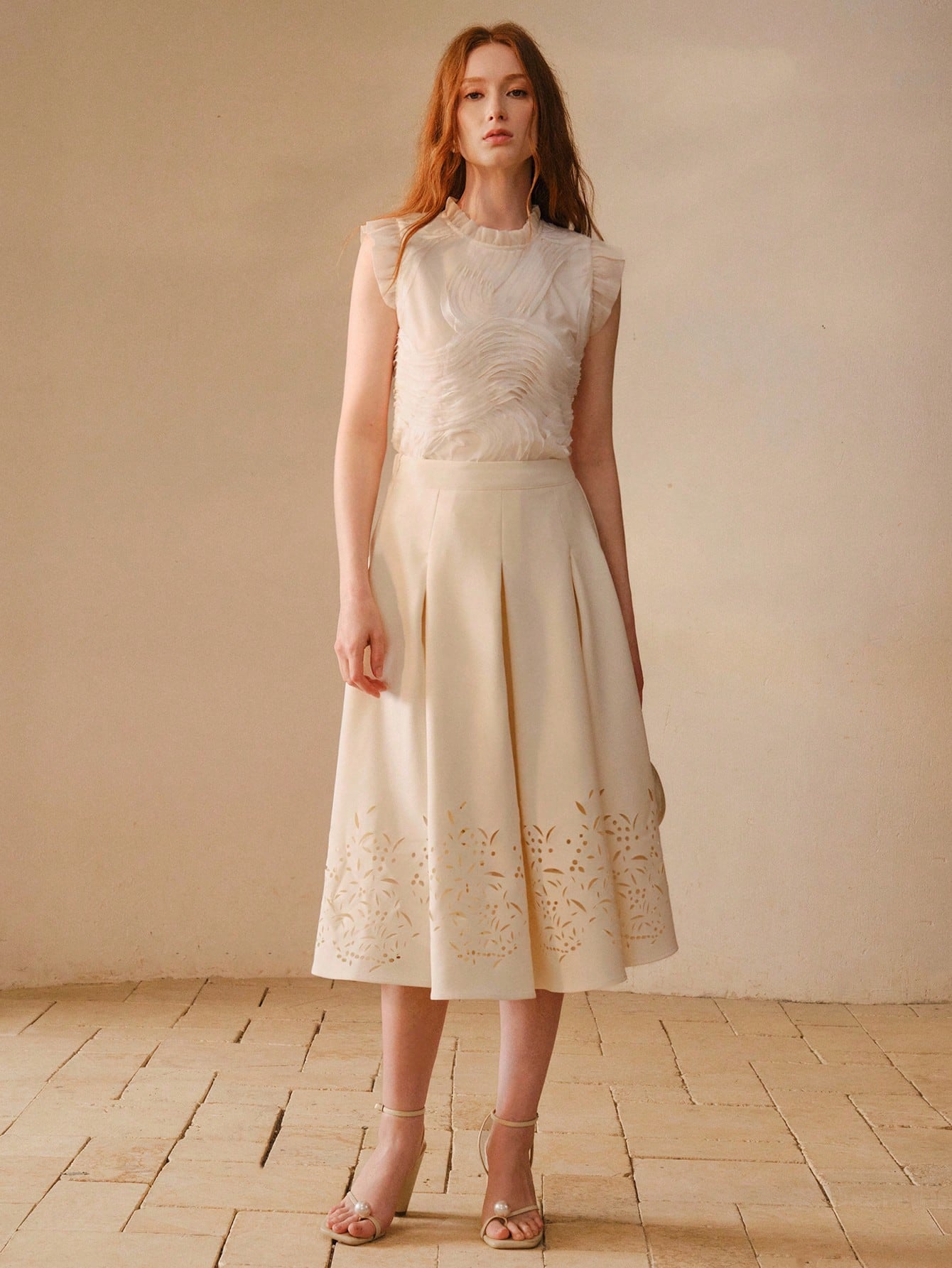 CM-TS427575 Women Elegant Seoul Style Stand Collar Patchwork Asymmetrical Textured Design Loose Top - Apricot