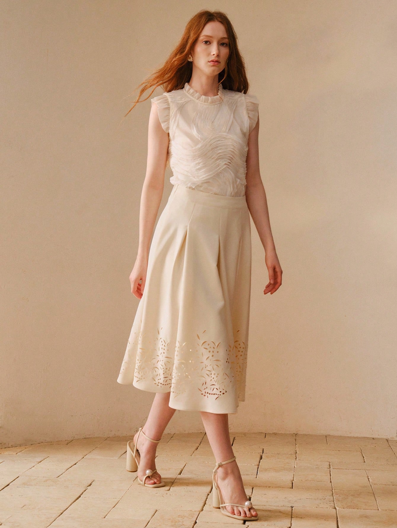 CM-TS427575 Women Elegant Seoul Style Stand Collar Patchwork Asymmetrical Textured Design Loose Top - Apricot