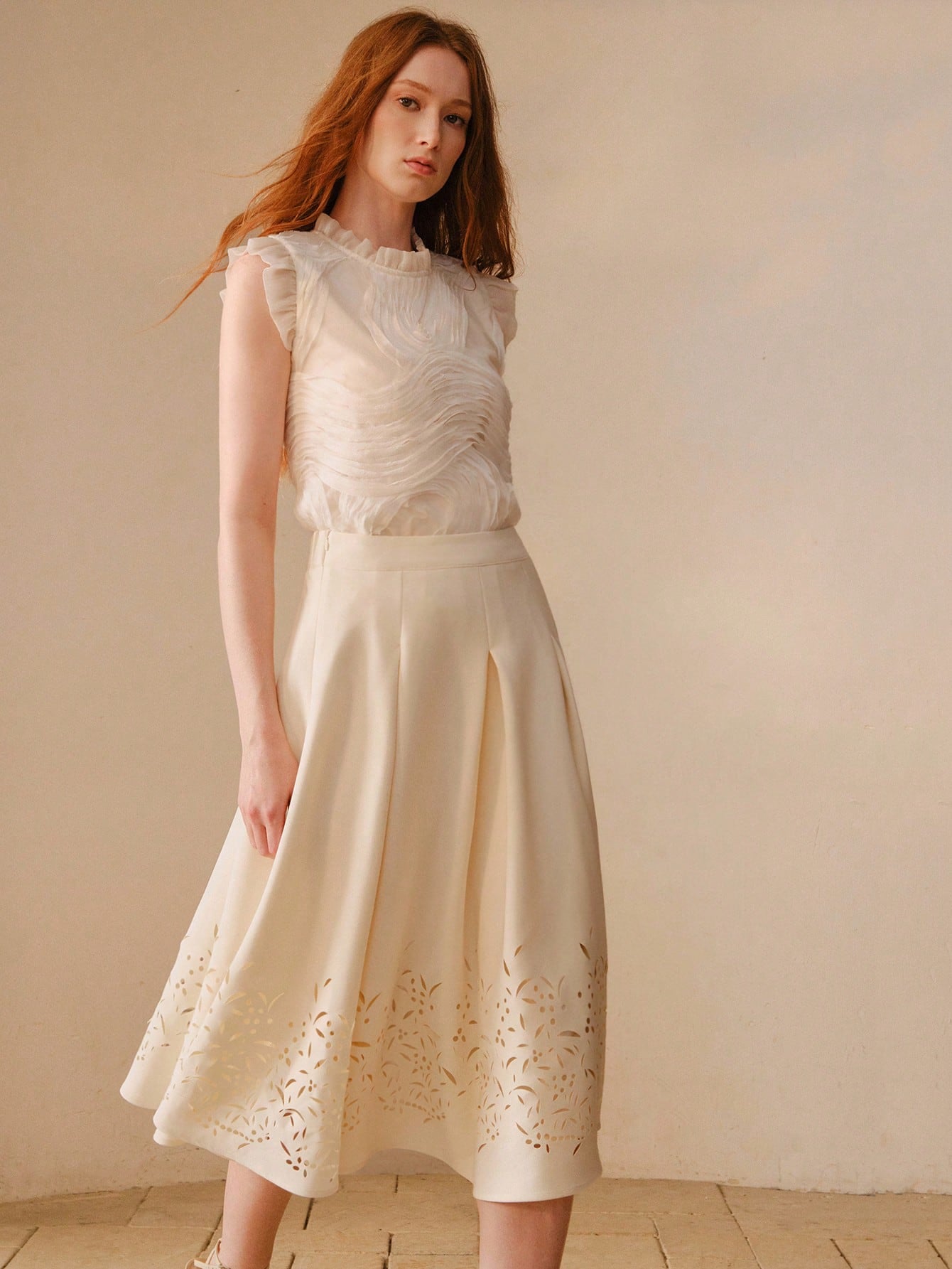 CM-TS427575 Women Elegant Seoul Style Stand Collar Patchwork Asymmetrical Textured Design Loose Top - Apricot