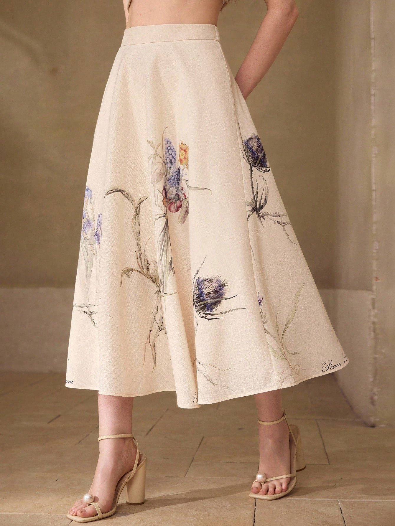 CM-BS943378 Women Elegant Seoul Style Mid Waist Floral Printed A-Line Midi Skirt