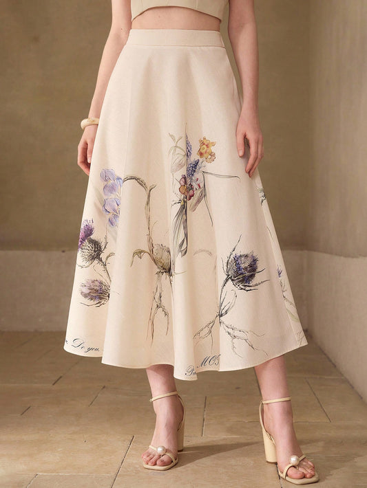 CM-BS943378 Women Elegant Seoul Style Mid Waist Floral Printed A-Line Midi Skirt