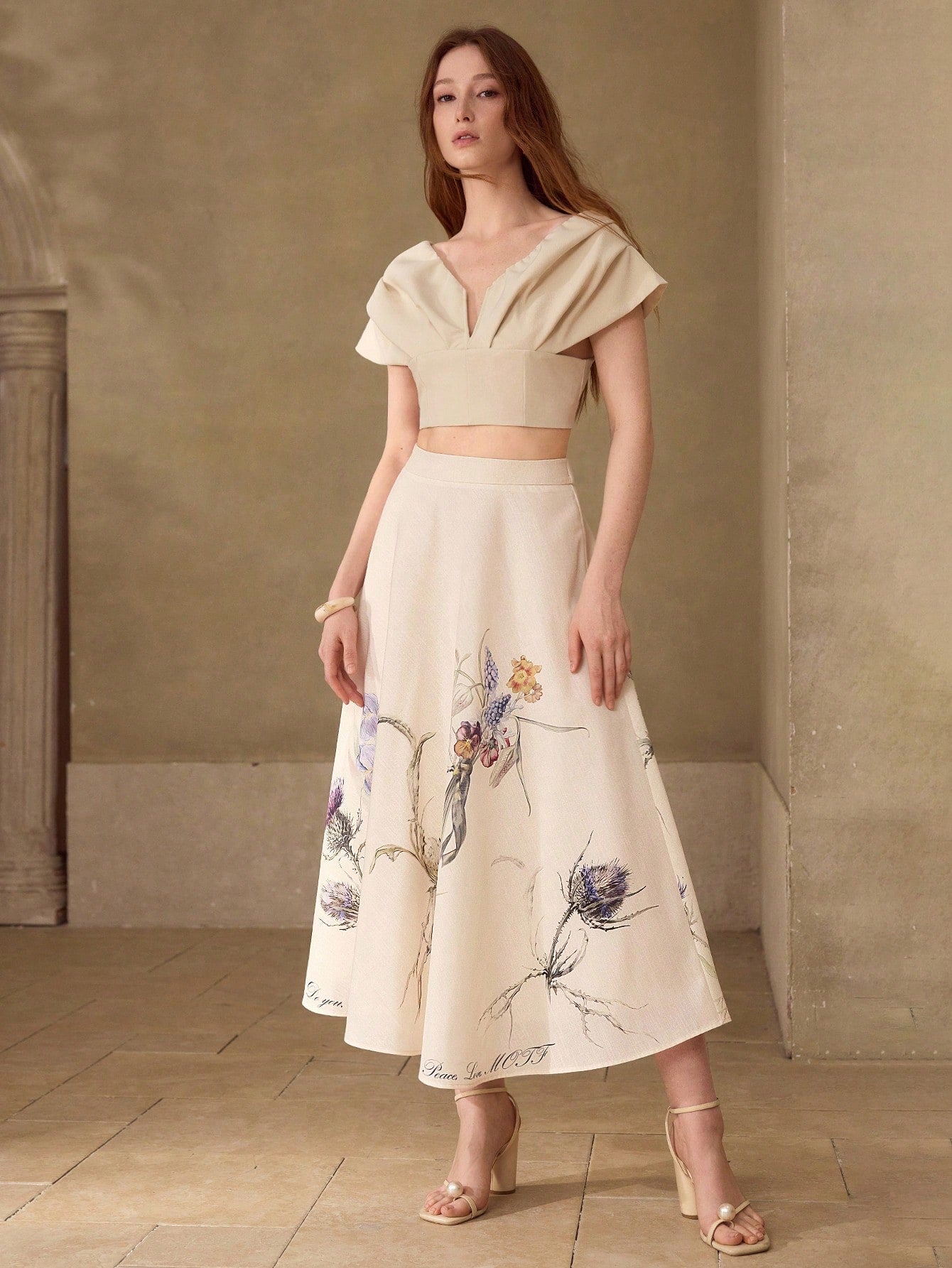 CM-BS943378 Women Elegant Seoul Style Mid Waist Floral Printed A-Line Midi Skirt