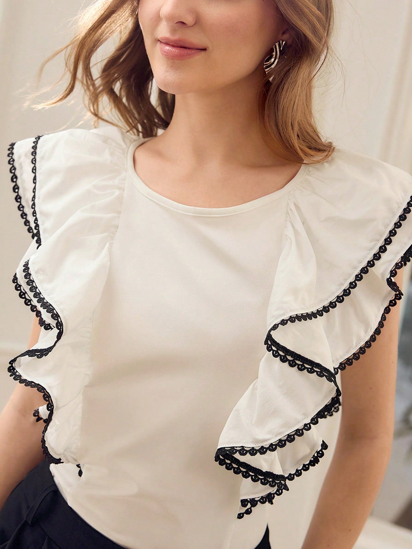 CM-TS417888 Women Elegant Seoul Style Round Neck Ruffle Cap Sleeve T-Shirt - White