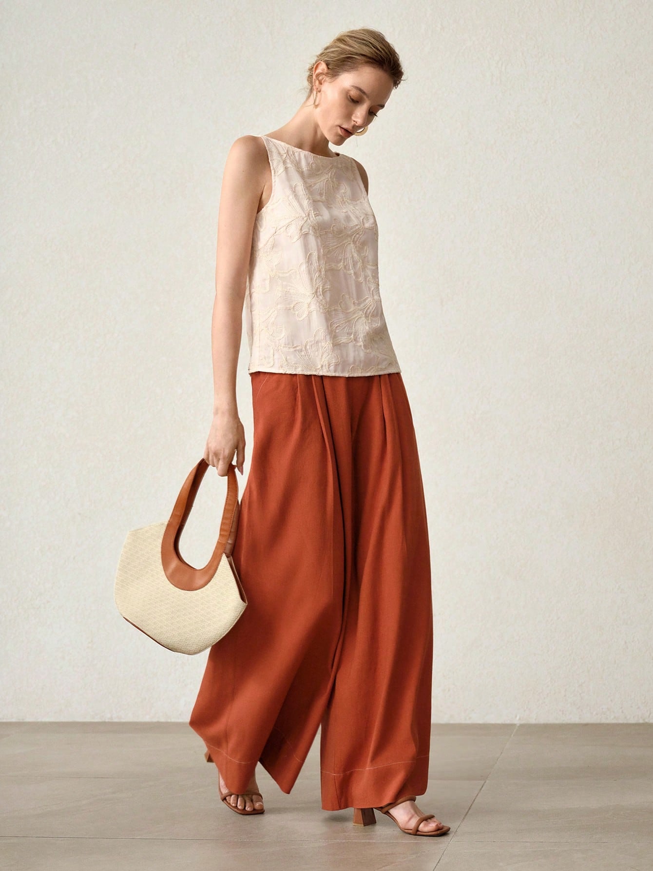 CM-BS571141 Women Trendy Bohemian Style Mid Waist Loose Belted Wide Leg Pants - Orange