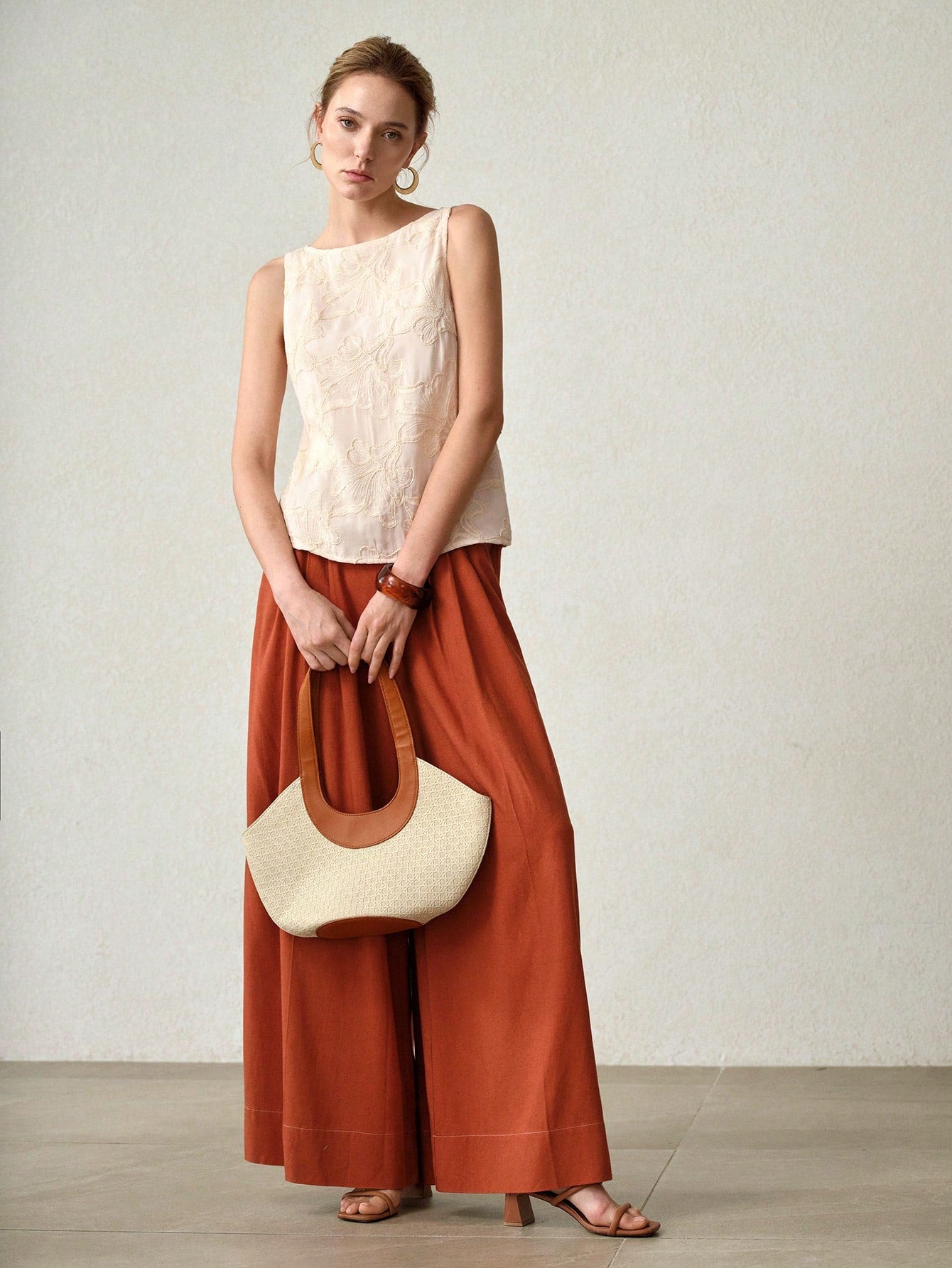 CM-BS571141 Women Trendy Bohemian Style Mid Waist Loose Belted Wide Leg Pants - Orange