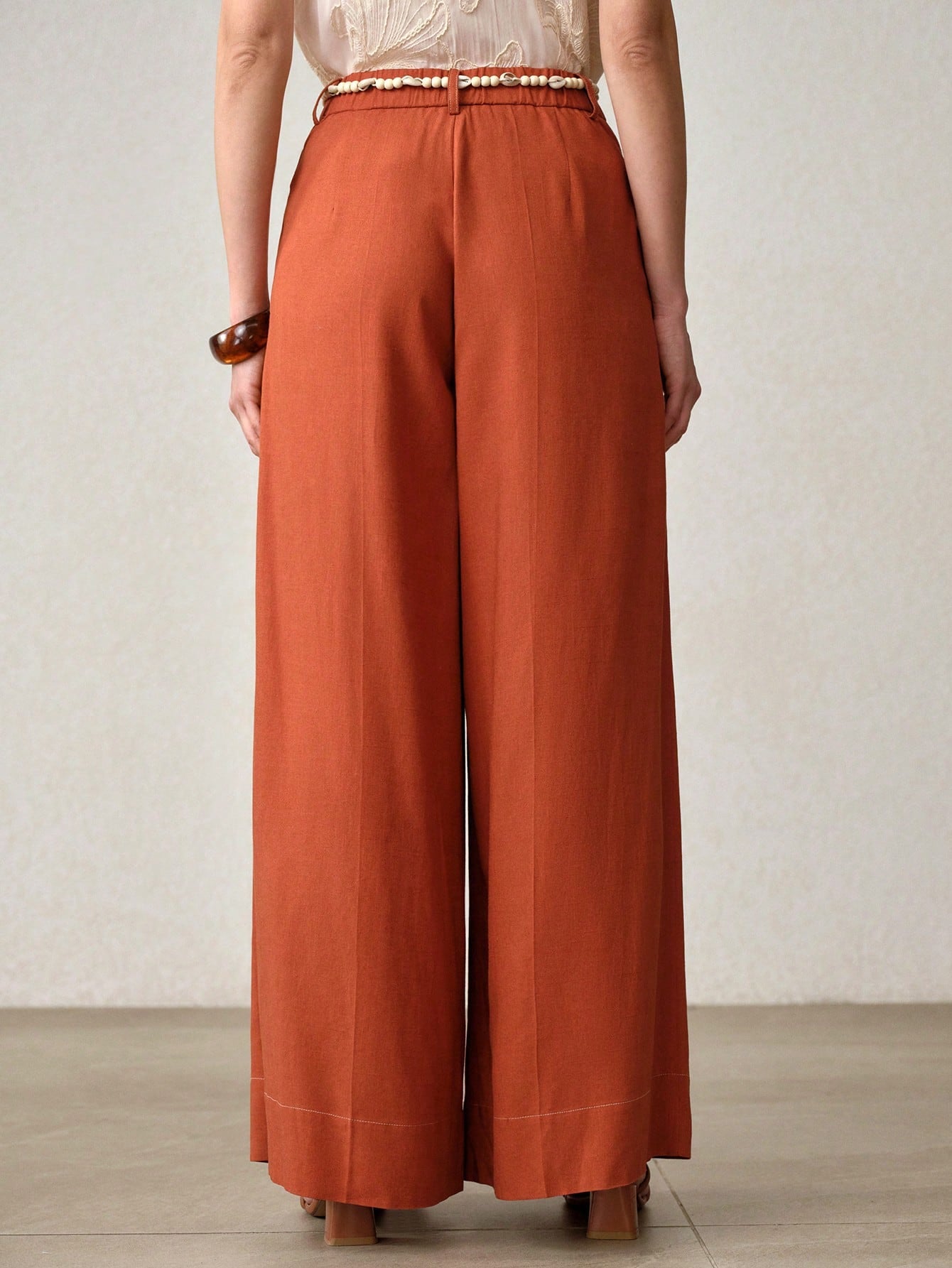 CM-BS571141 Women Trendy Bohemian Style Mid Waist Loose Belted Wide Leg Pants - Orange