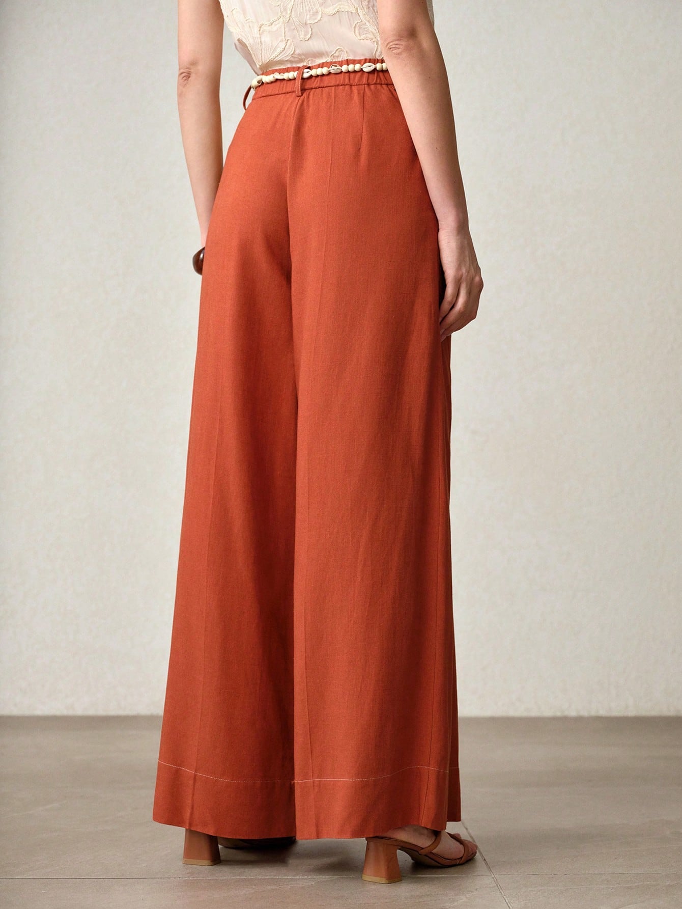 CM-BS571141 Women Trendy Bohemian Style Mid Waist Loose Belted Wide Leg Pants - Orange