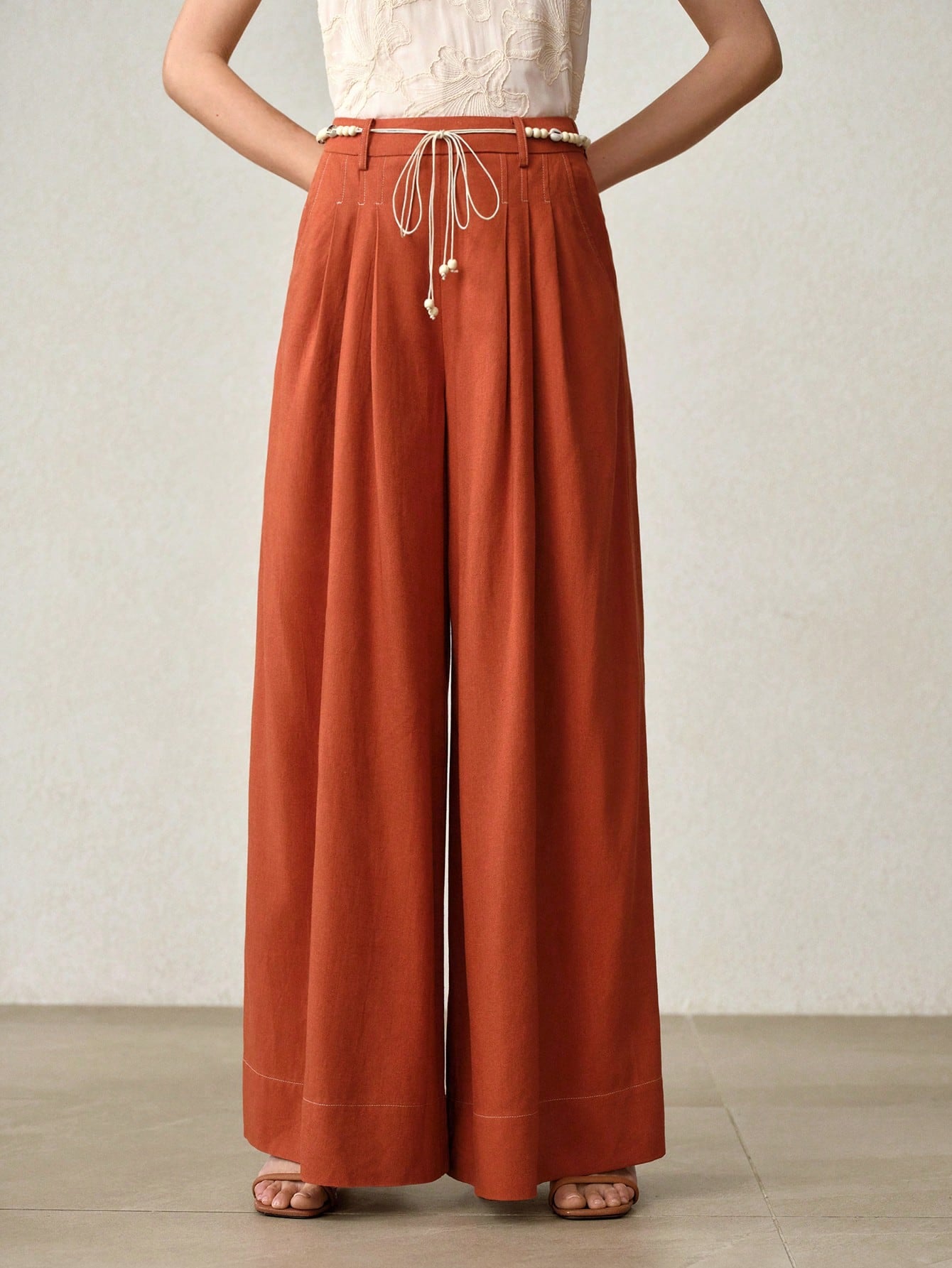 CM-BS571141 Women Trendy Bohemian Style Mid Waist Loose Belted Wide Leg Pants - Orange