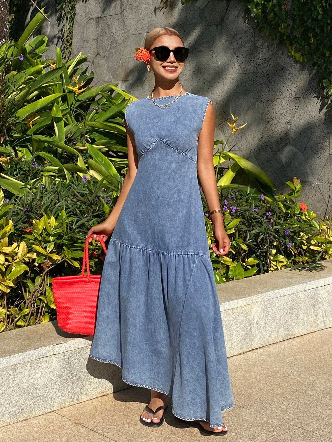 CM-DS265588 Women Casual Seoul Style Medium Wash Round Neck Sleeveless Asymmetric Hem Denim Dress