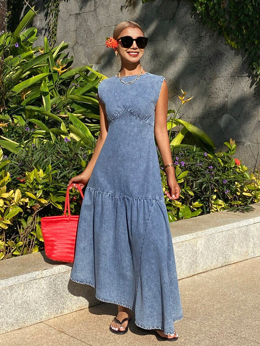 CM-DS265588 Women Casual Seoul Style Medium Wash Round Neck Sleeveless Asymmetric Hem Denim Dress