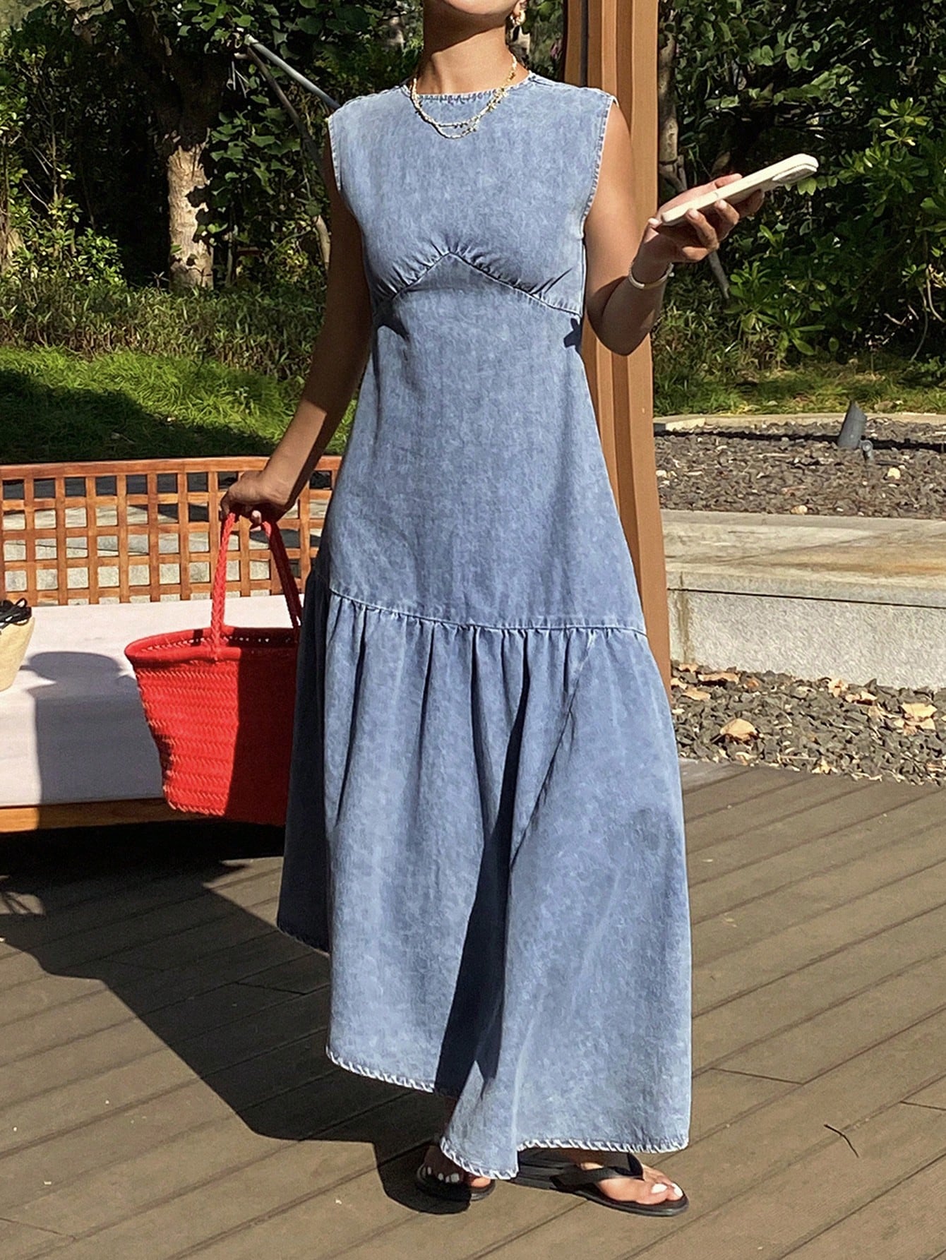 CM-DS265588 Women Casual Seoul Style Medium Wash Round Neck Sleeveless Asymmetric Hem Denim Dress