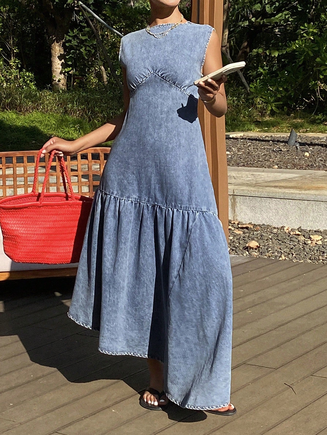 CM-DS265588 Women Casual Seoul Style Medium Wash Round Neck Sleeveless Asymmetric Hem Denim Dress