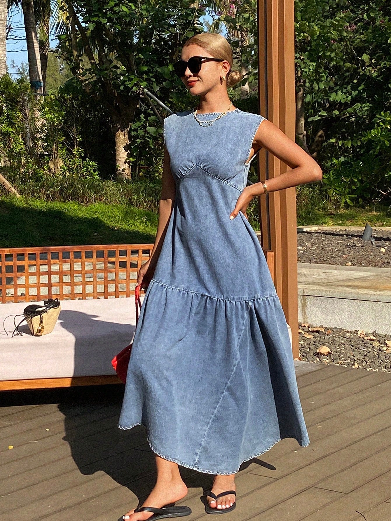 CM-DS265588 Women Casual Seoul Style Medium Wash Round Neck Sleeveless Asymmetric Hem Denim Dress
