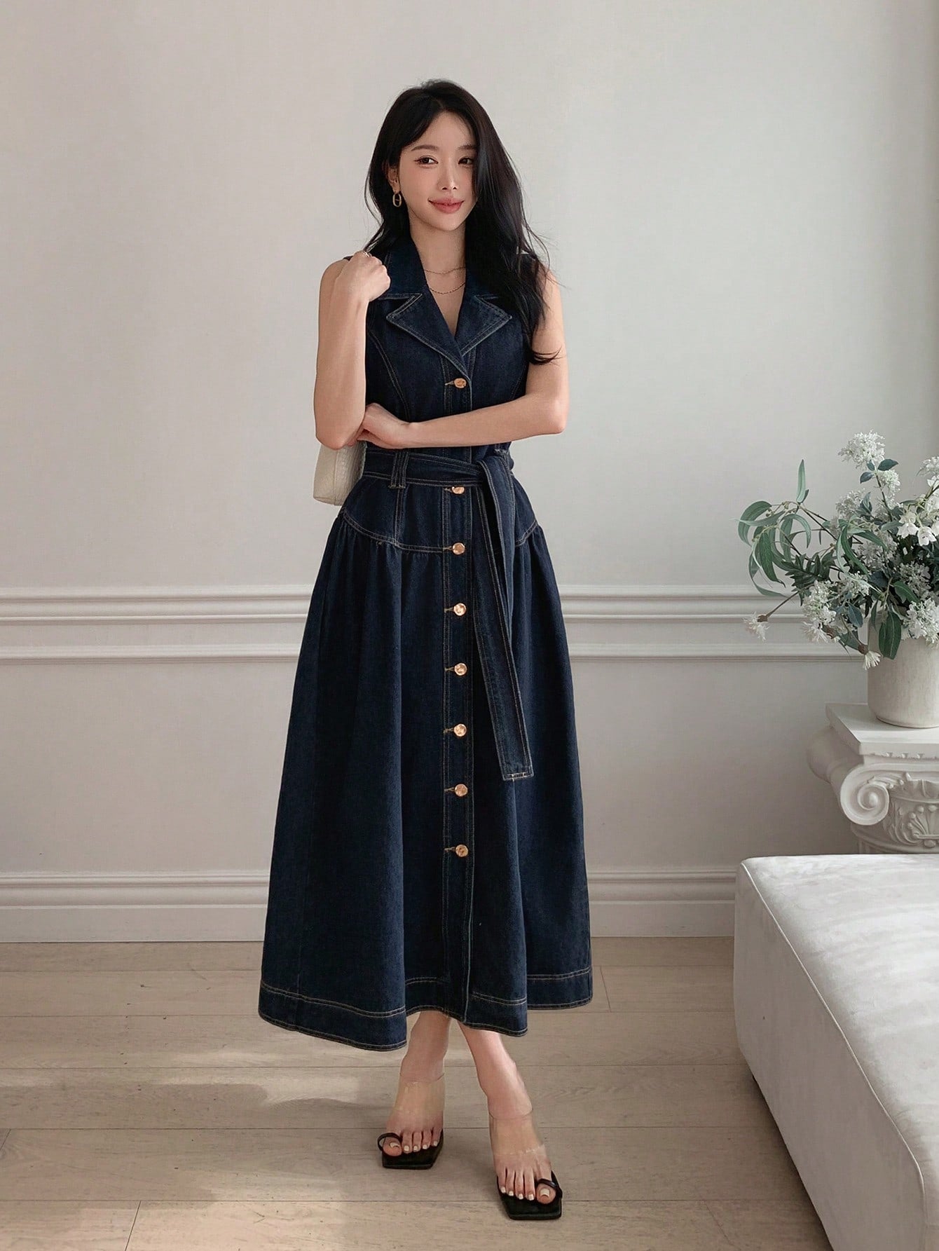 CM-DS672568 Women Casual Seoul Style Dark Wash Lapel Sleeveless Single-Breasted High Waist Long Denim Dress