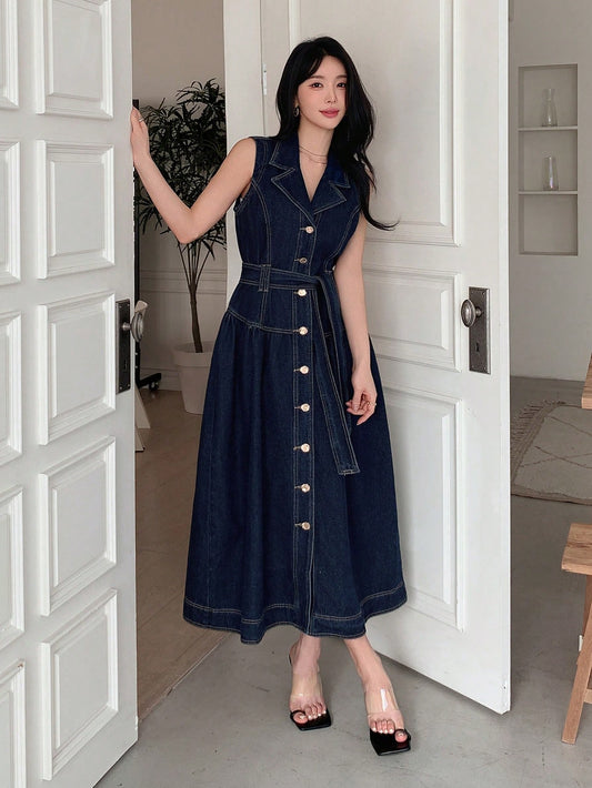 CM-DS672568 Women Casual Seoul Style Dark Wash Lapel Sleeveless Single-Breasted High Waist Long Denim Dress