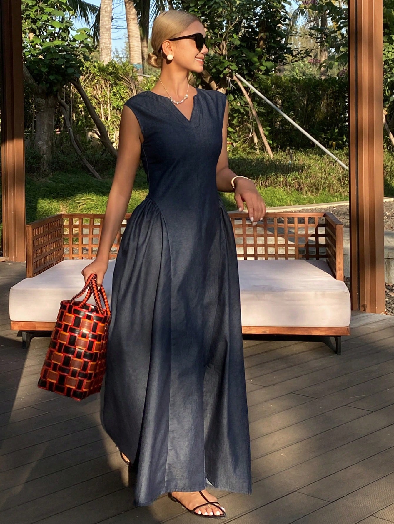 CM-DS534897 Women Casual Seoul Style Dark Wash V-Neck Sleeveless Waist Cinched Long Denim Dress