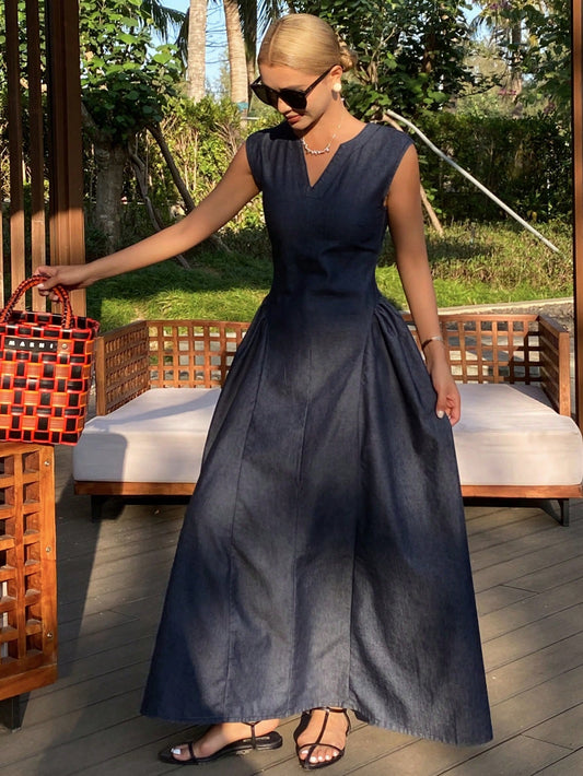 CM-DS534897 Women Casual Seoul Style Dark Wash V-Neck Sleeveless Waist Cinched Long Denim Dress