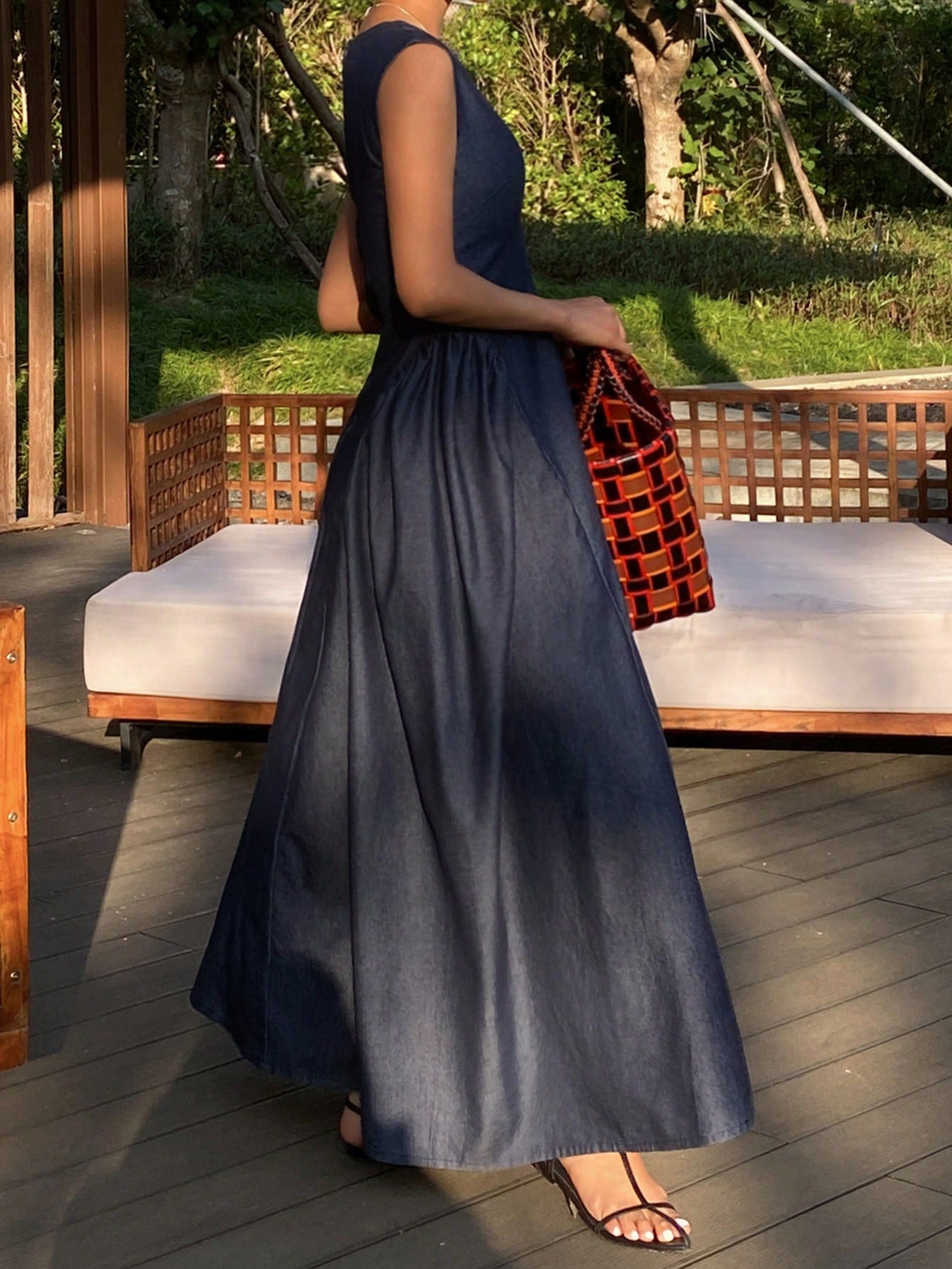 CM-DS534897 Women Casual Seoul Style Dark Wash V-Neck Sleeveless Waist Cinched Long Denim Dress