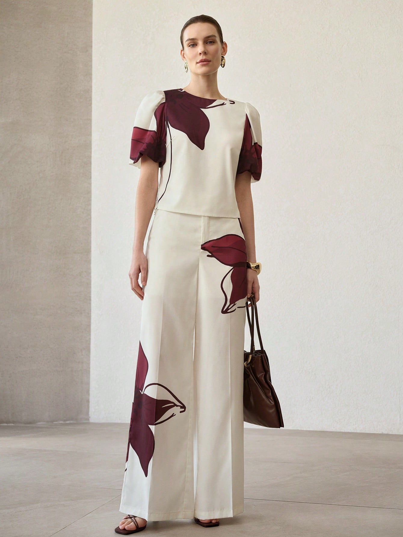 CM-SS528265 Women Elegant Seoul Style Asymmetric Floral Print Round Neck Short Sleeve Top With Long Pants - Set