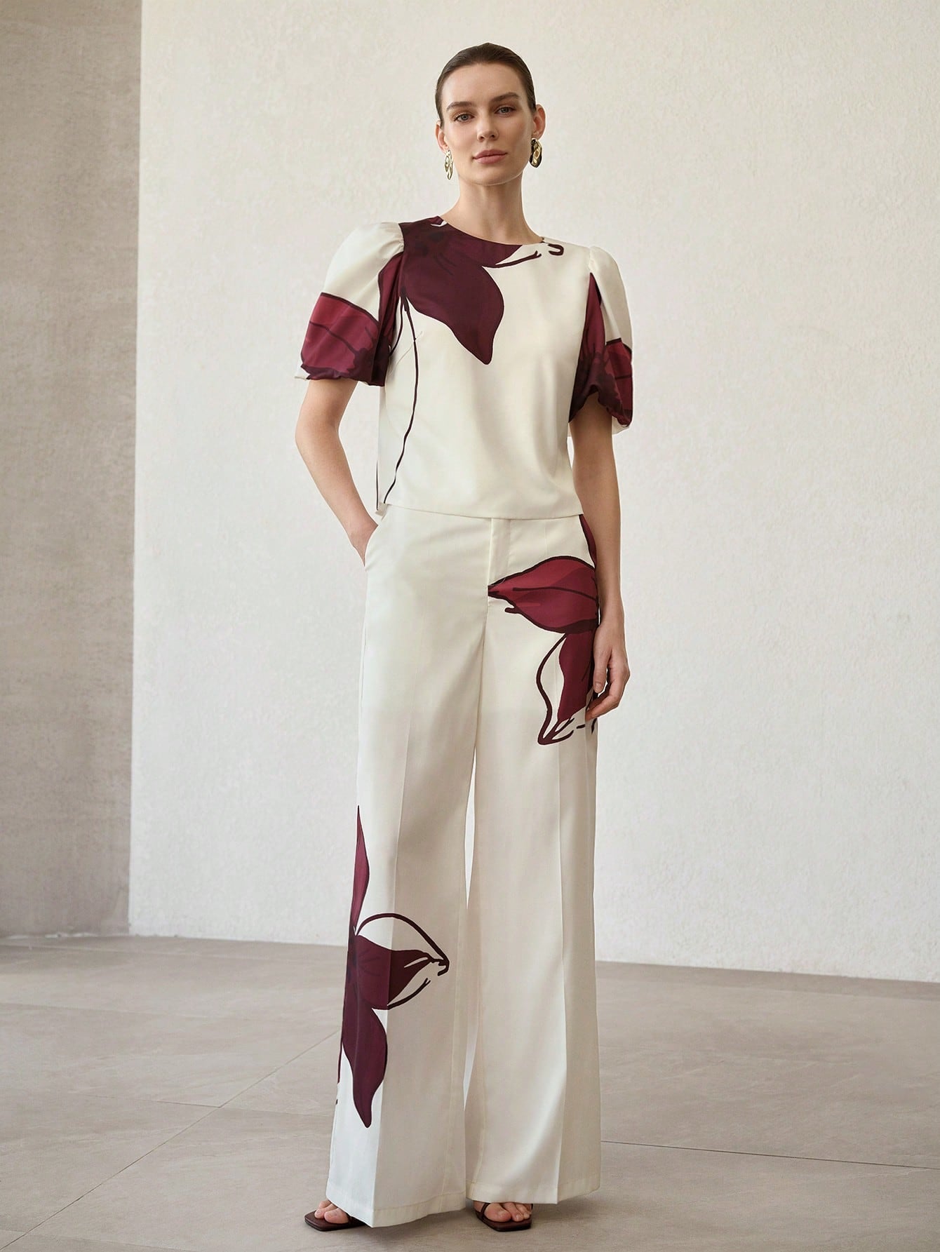 CM-SS528265 Women Elegant Seoul Style Asymmetric Floral Print Round Neck Short Sleeve Top With Long Pants - Set
