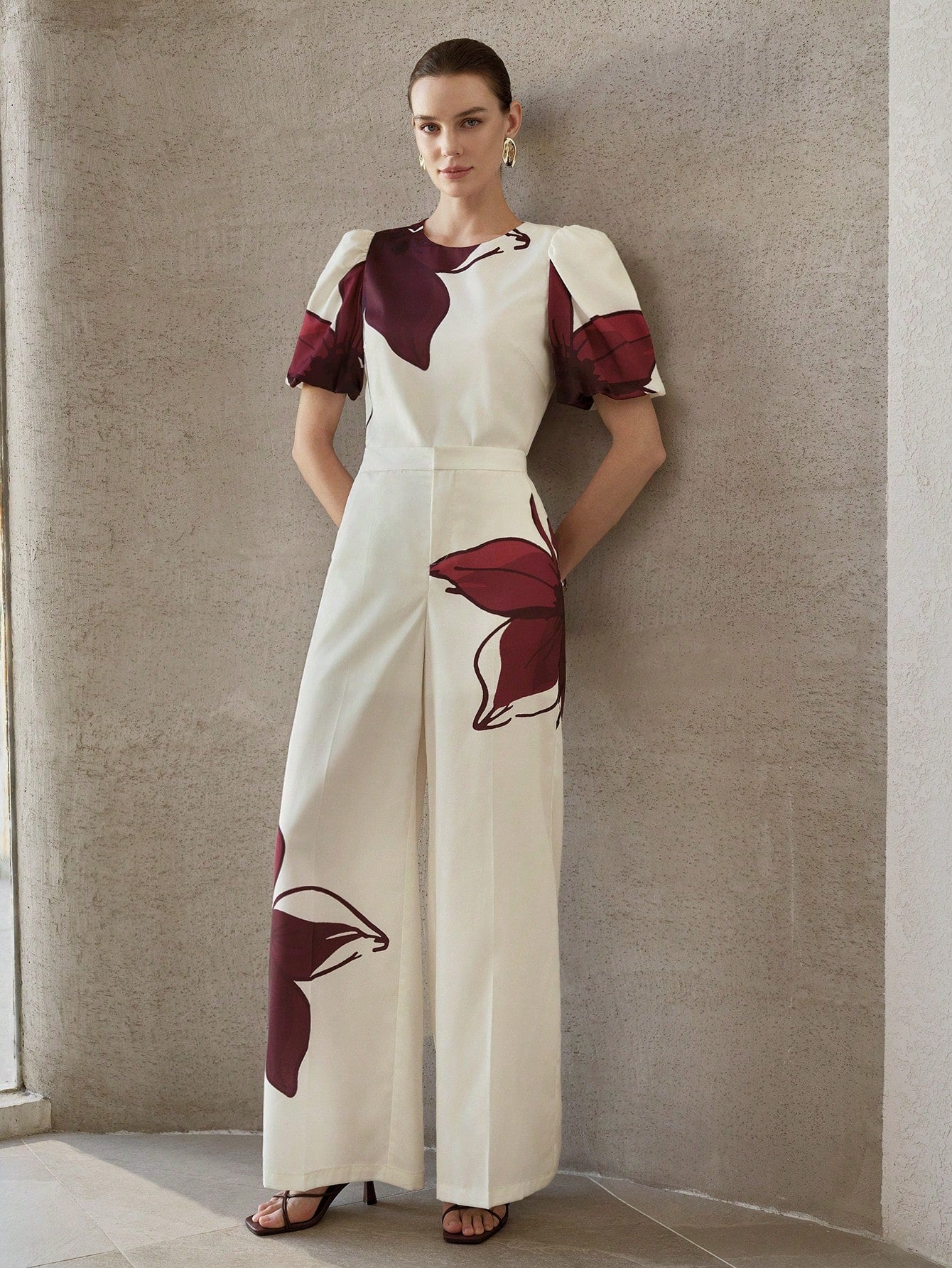 CM-SS528265 Women Elegant Seoul Style Asymmetric Floral Print Round Neck Short Sleeve Top With Long Pants - Set