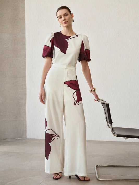 CM-SS528265 Women Elegant Seoul Style Asymmetric Floral Print Round Neck Short Sleeve Top With Long Pants - Set