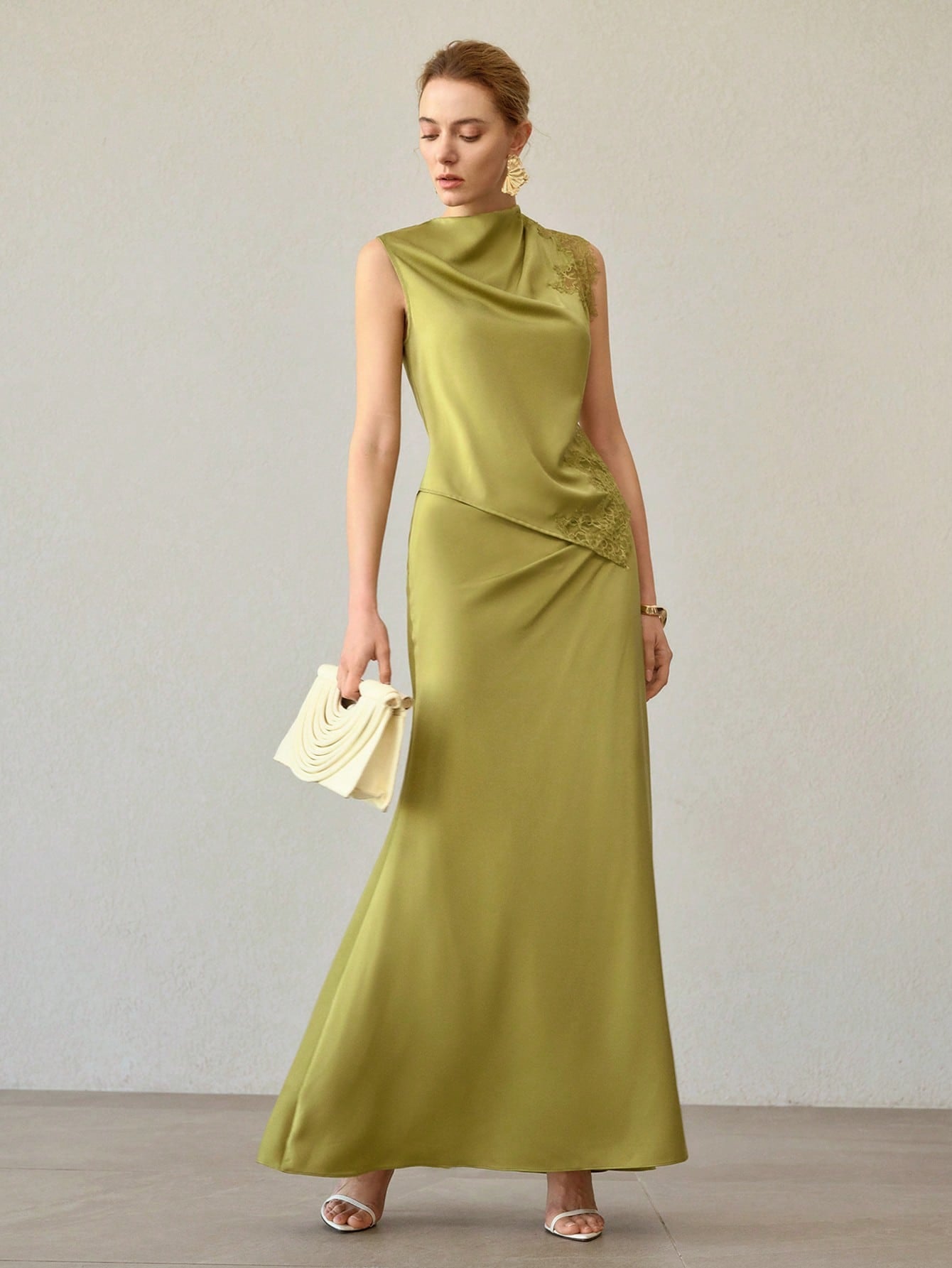 CM-TS739495 Women Elegant Seoul Style Satin Contrast Lace Round Neck Sleeveless Asymmetrical Top - Green