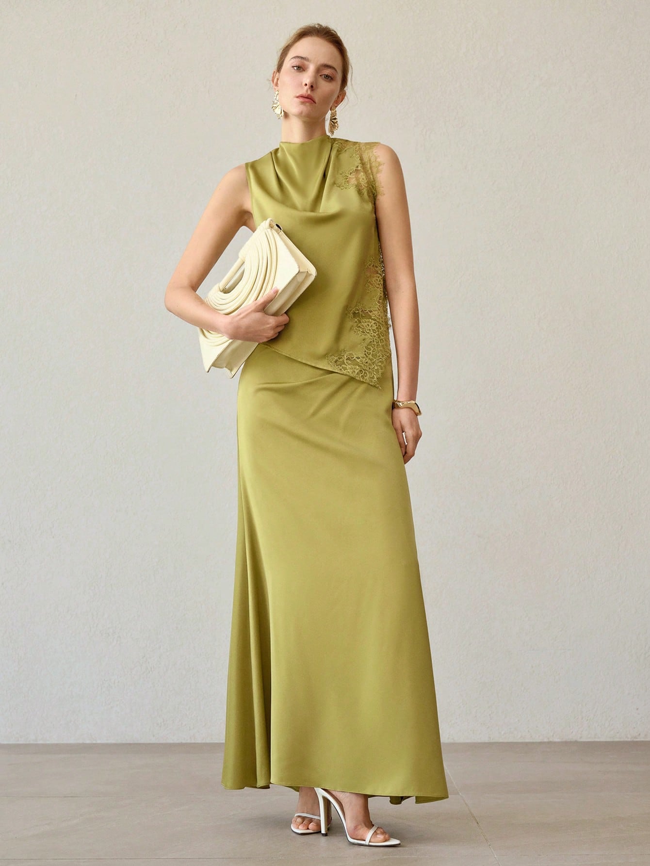 CM-TS739495 Women Elegant Seoul Style Satin Contrast Lace Round Neck Sleeveless Asymmetrical Top - Green