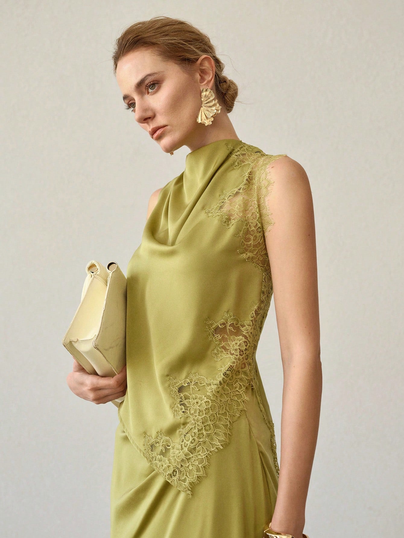 CM-TS739495 Women Elegant Seoul Style Satin Contrast Lace Round Neck Sleeveless Asymmetrical Top - Green