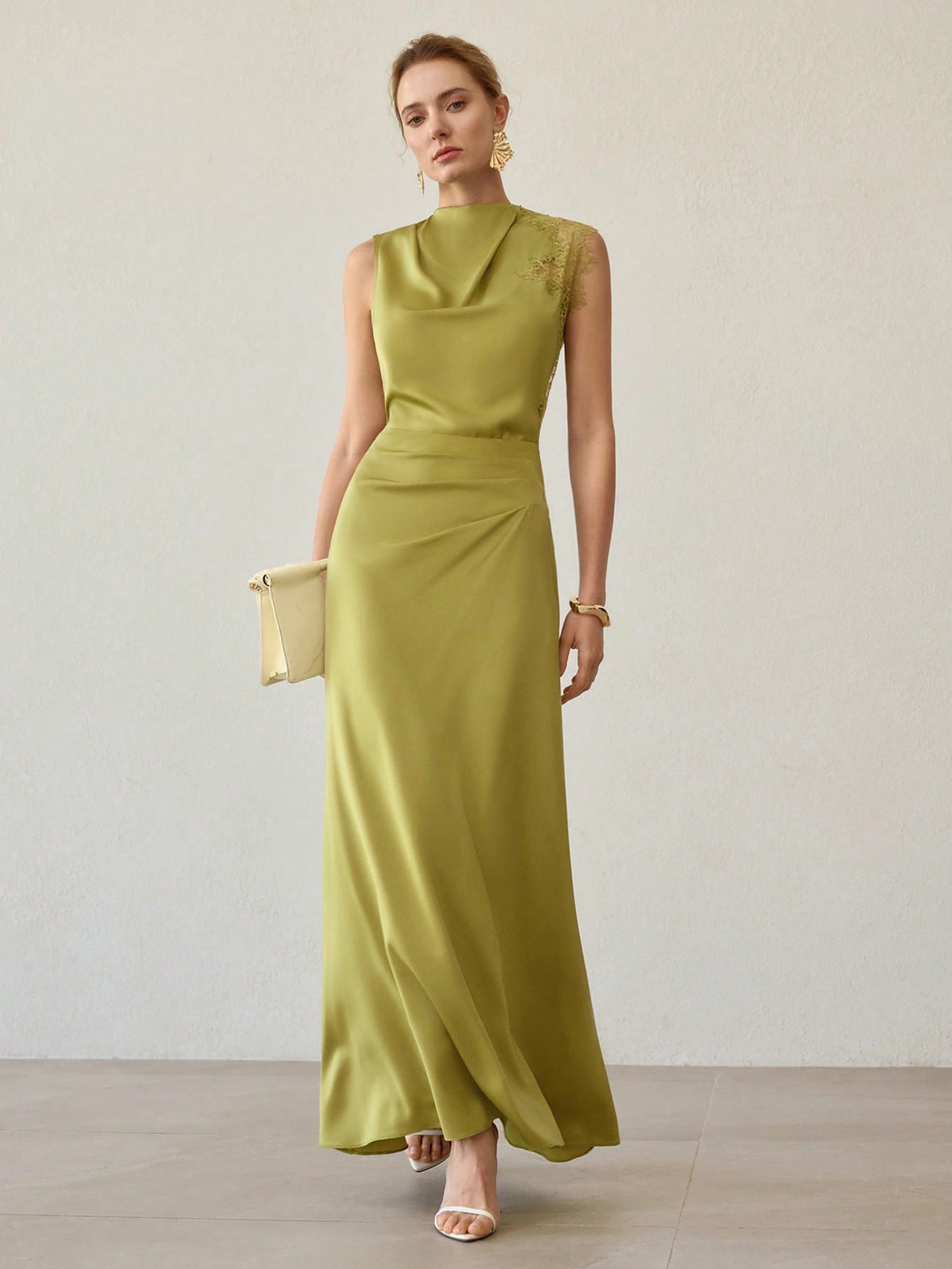 CM-TS739495 Women Elegant Seoul Style Satin Contrast Lace Round Neck Sleeveless Asymmetrical Top - Green