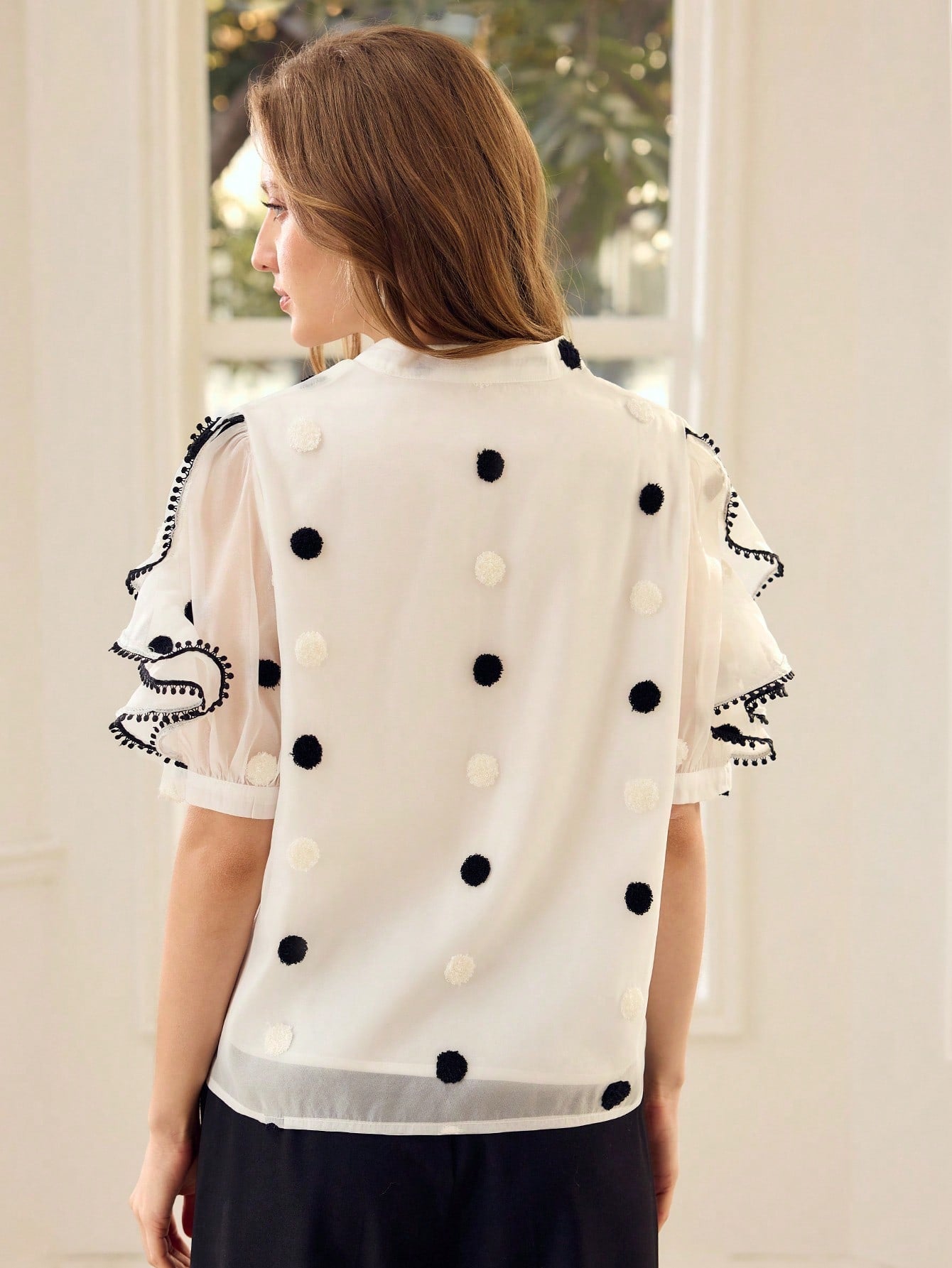 CM-TS378733 Women Elegant Seoul Style Mesh Swiss Dot Puff Sleeve Contrats Binding Ruffle Trim Shirt - White