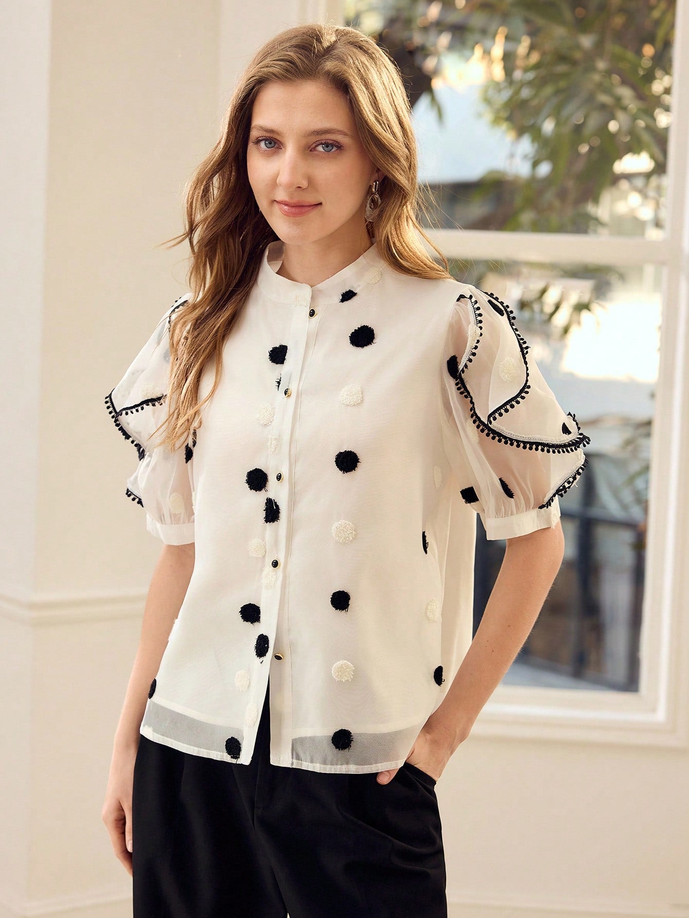 CM-TS378733 Women Elegant Seoul Style Mesh Swiss Dot Puff Sleeve Contrats Binding Ruffle Trim Shirt - White