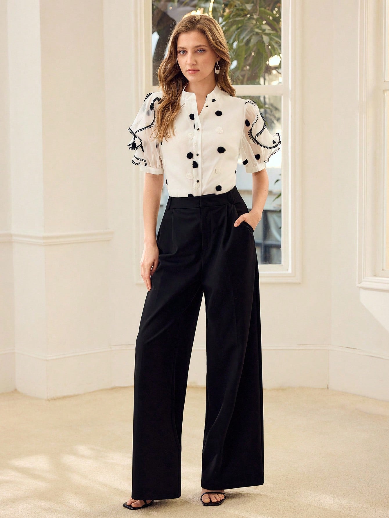 CM-TS378733 Women Elegant Seoul Style Mesh Swiss Dot Puff Sleeve Contrats Binding Ruffle Trim Shirt - White