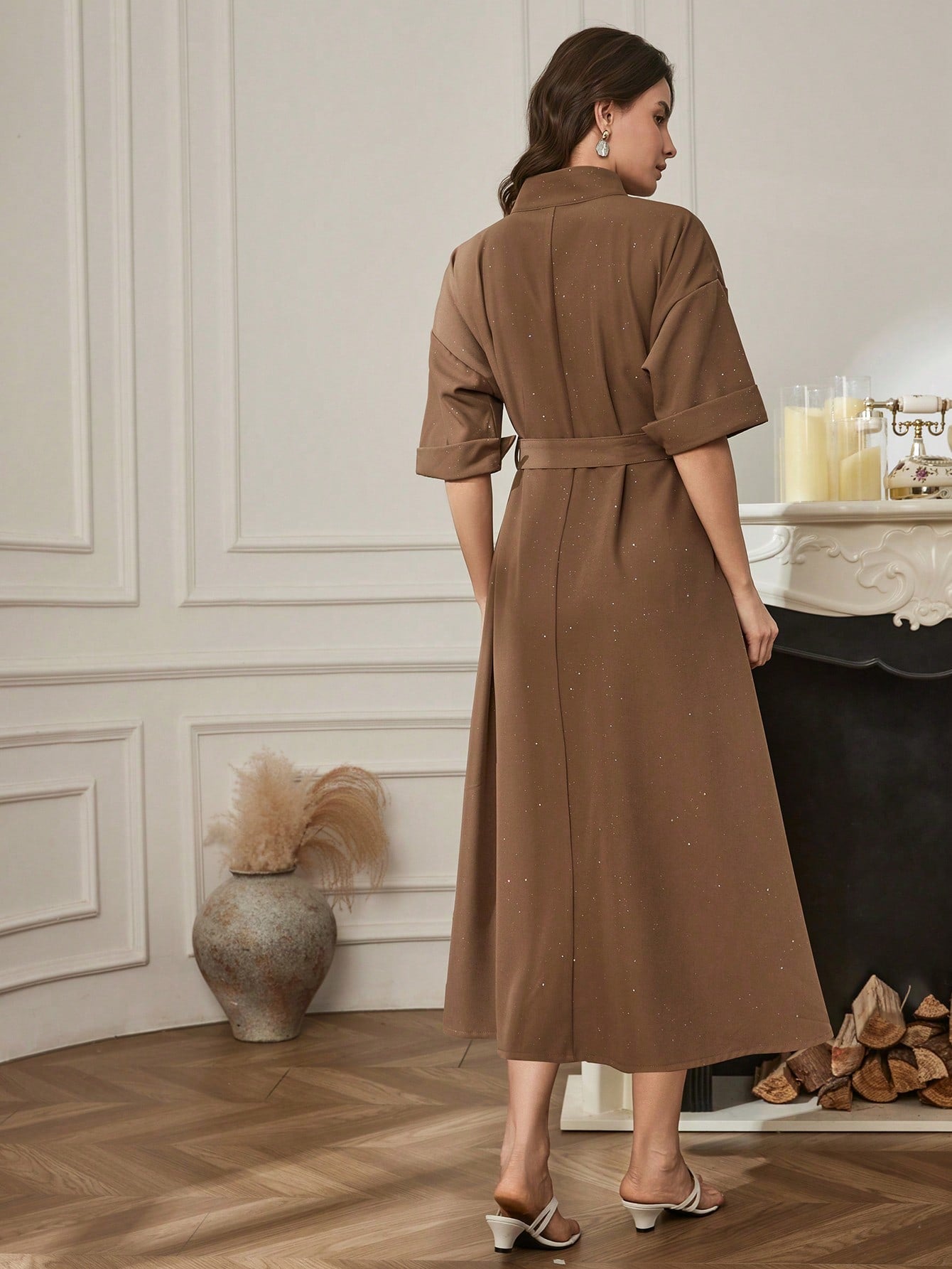 CM-DS791843 Women Elegant Seoul Style Solid Color Stand Collar Drop Shoulder Single-Breasted Long Dress - Brown