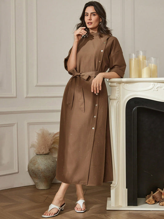 CM-DS791843 Women Elegant Seoul Style Solid Color Stand Collar Drop Shoulder Single-Breasted Long Dress - Brown