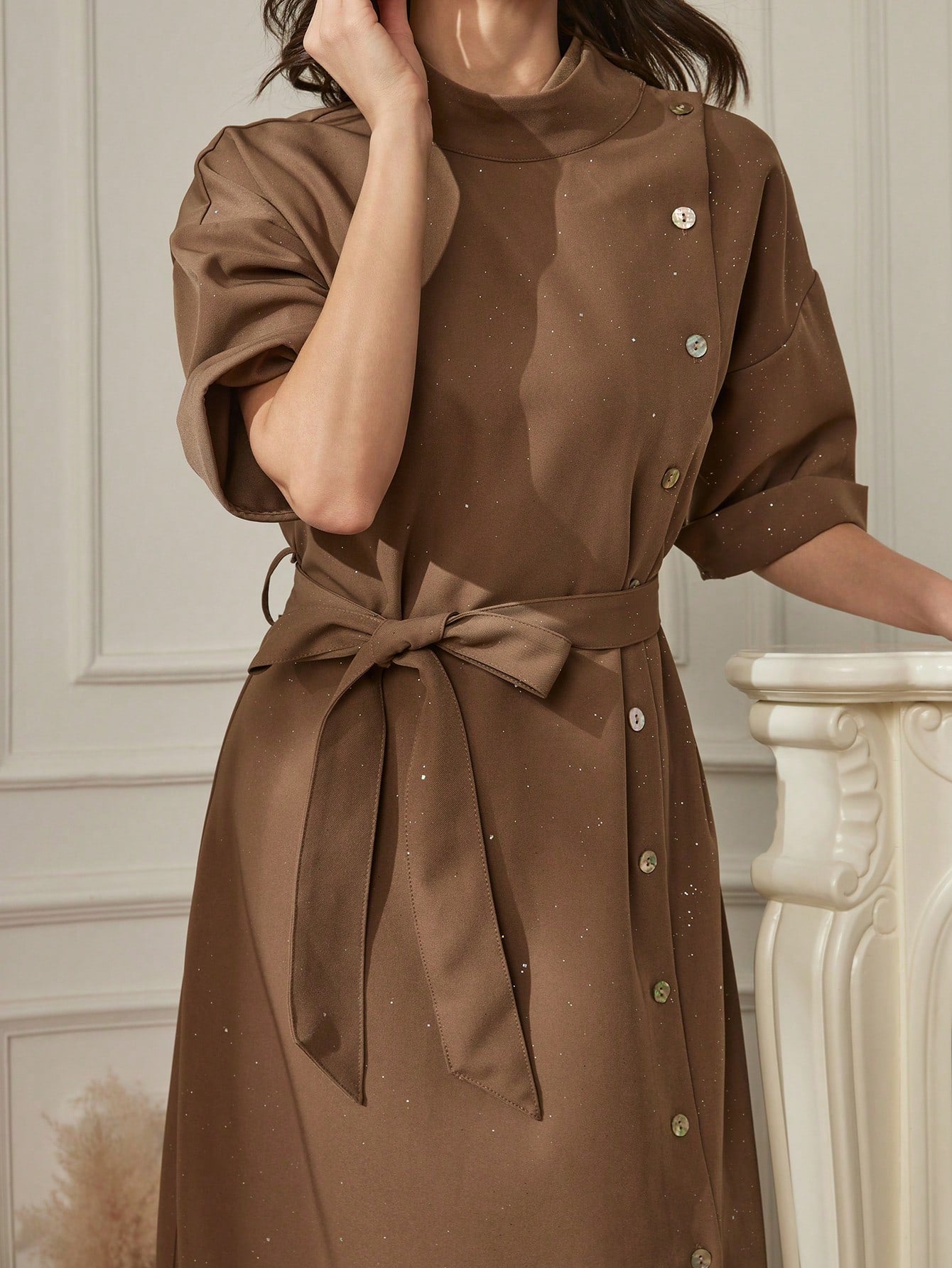 CM-DS791843 Women Elegant Seoul Style Solid Color Stand Collar Drop Shoulder Single-Breasted Long Dress - Brown