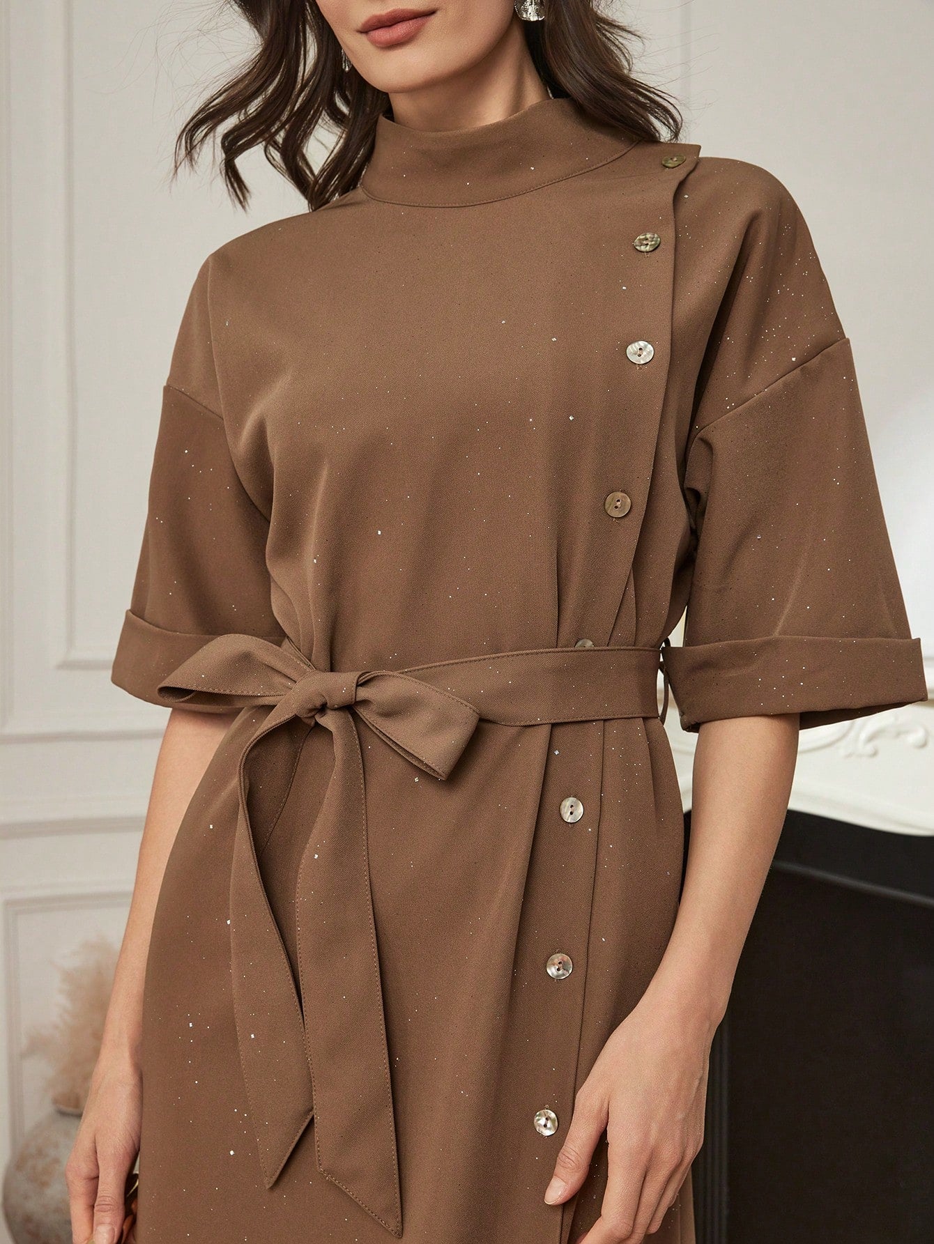 CM-DS791843 Women Elegant Seoul Style Solid Color Stand Collar Drop Shoulder Single-Breasted Long Dress - Brown