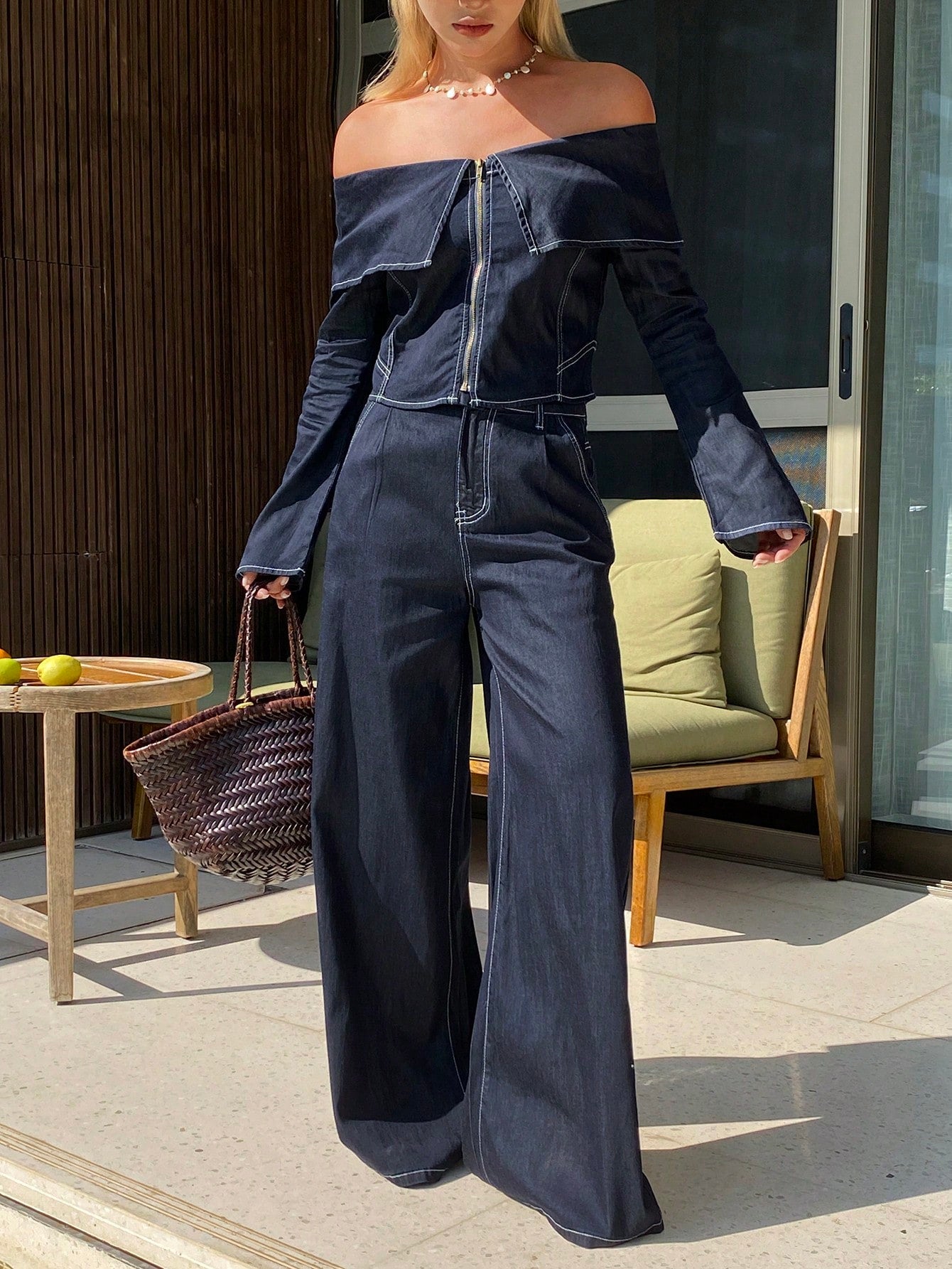 CM-SS106028 Women Elegant Seoul Style Solid Color Off-Shoulder Ruffle Trim Long Sleeve Cropped Shirt With Wide Leg Pants - Set