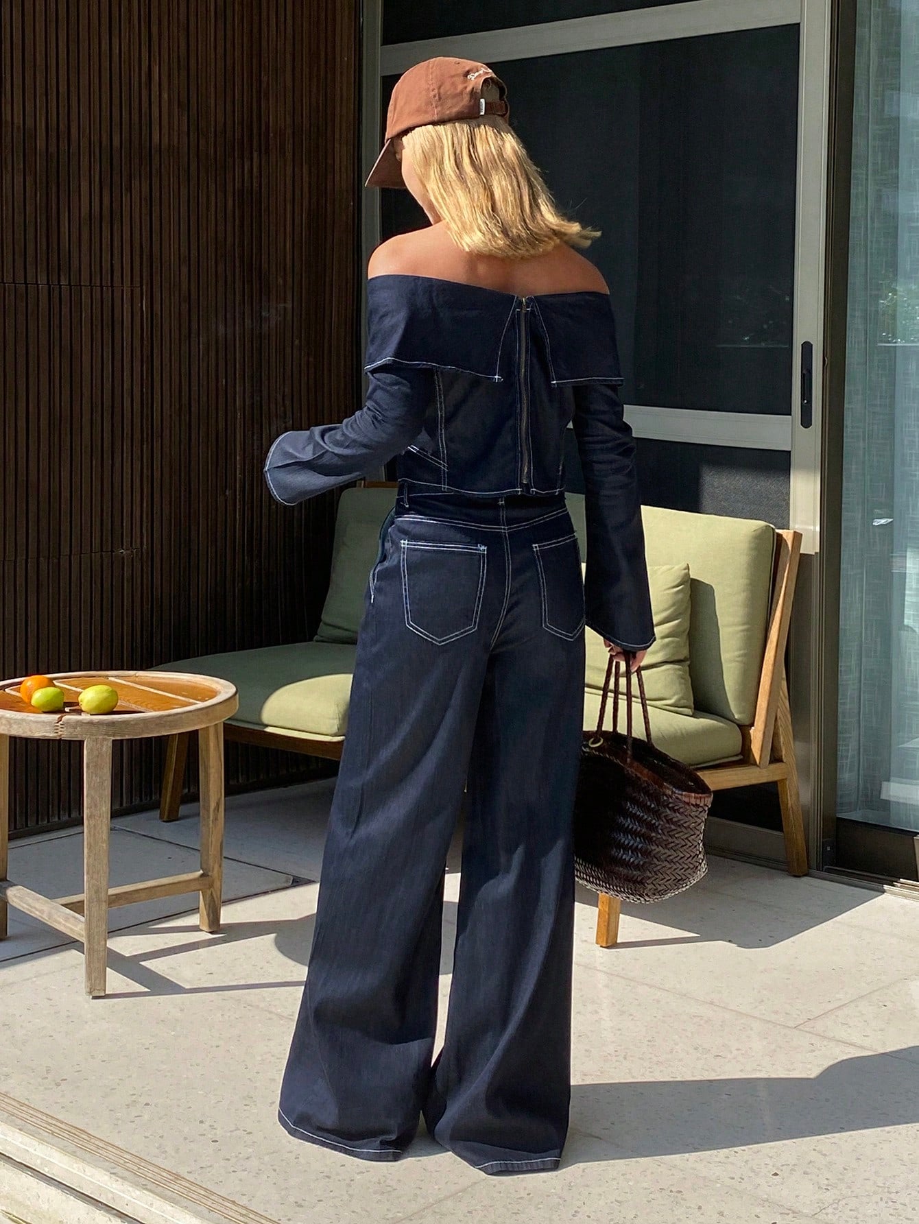 CM-SS106028 Women Elegant Seoul Style Solid Color Off-Shoulder Ruffle Trim Long Sleeve Cropped Shirt With Wide Leg Pants - Set