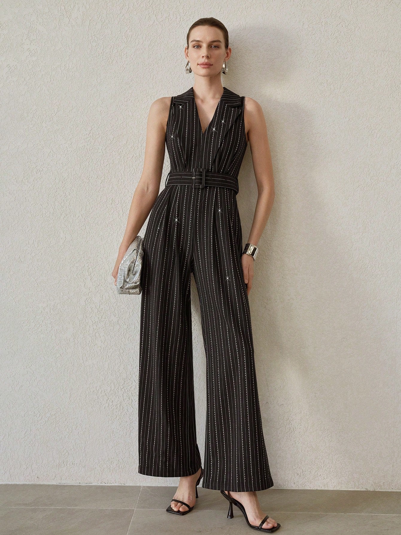 CM-JS414256 Women Elegant Seoul Style Striped Print Rhinestone Detail Buckle Belted Wide Leg Jumpsuit