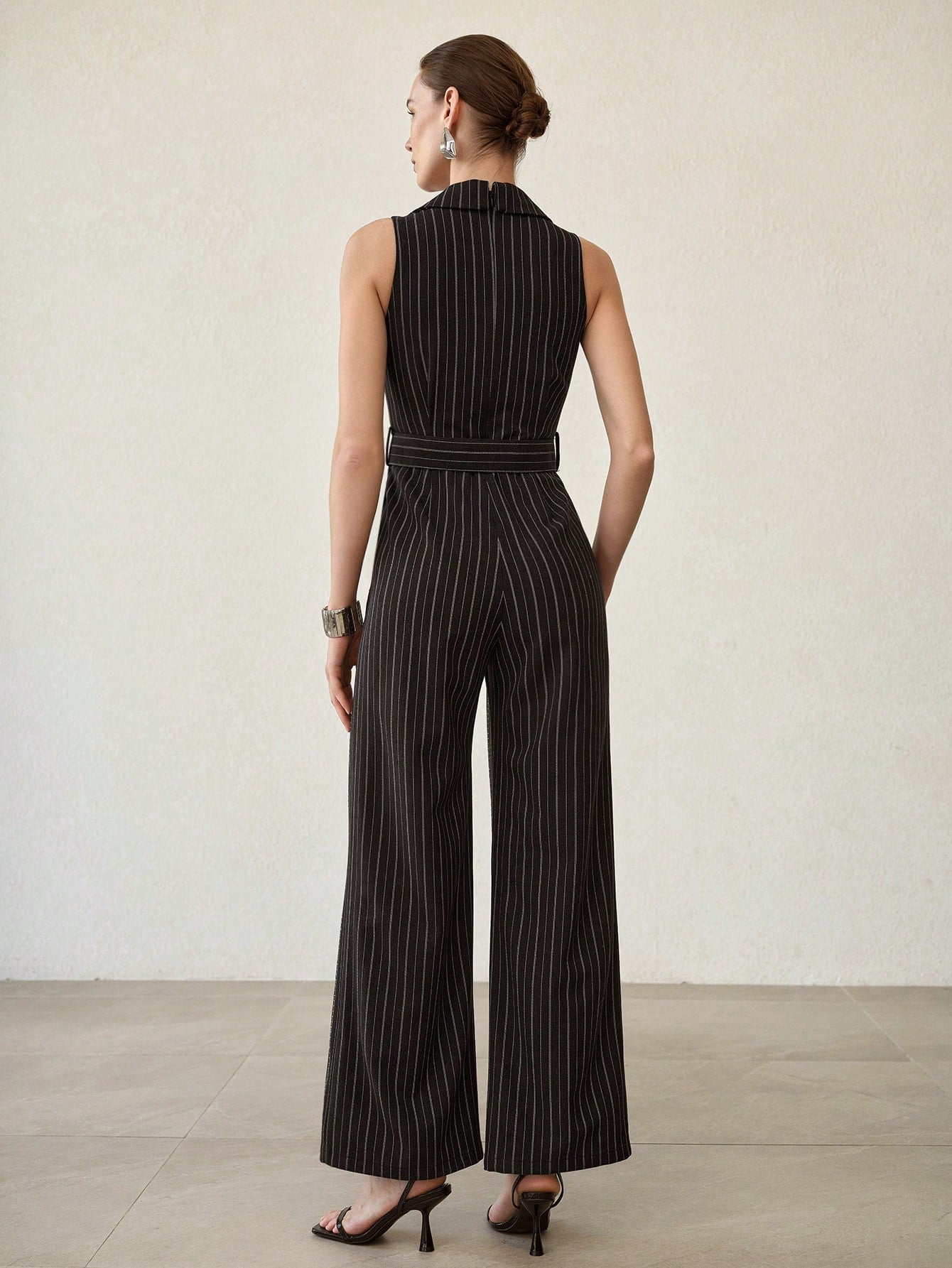 CM-JS414256 Women Elegant Seoul Style Striped Print Rhinestone Detail Buckle Belted Wide Leg Jumpsuit