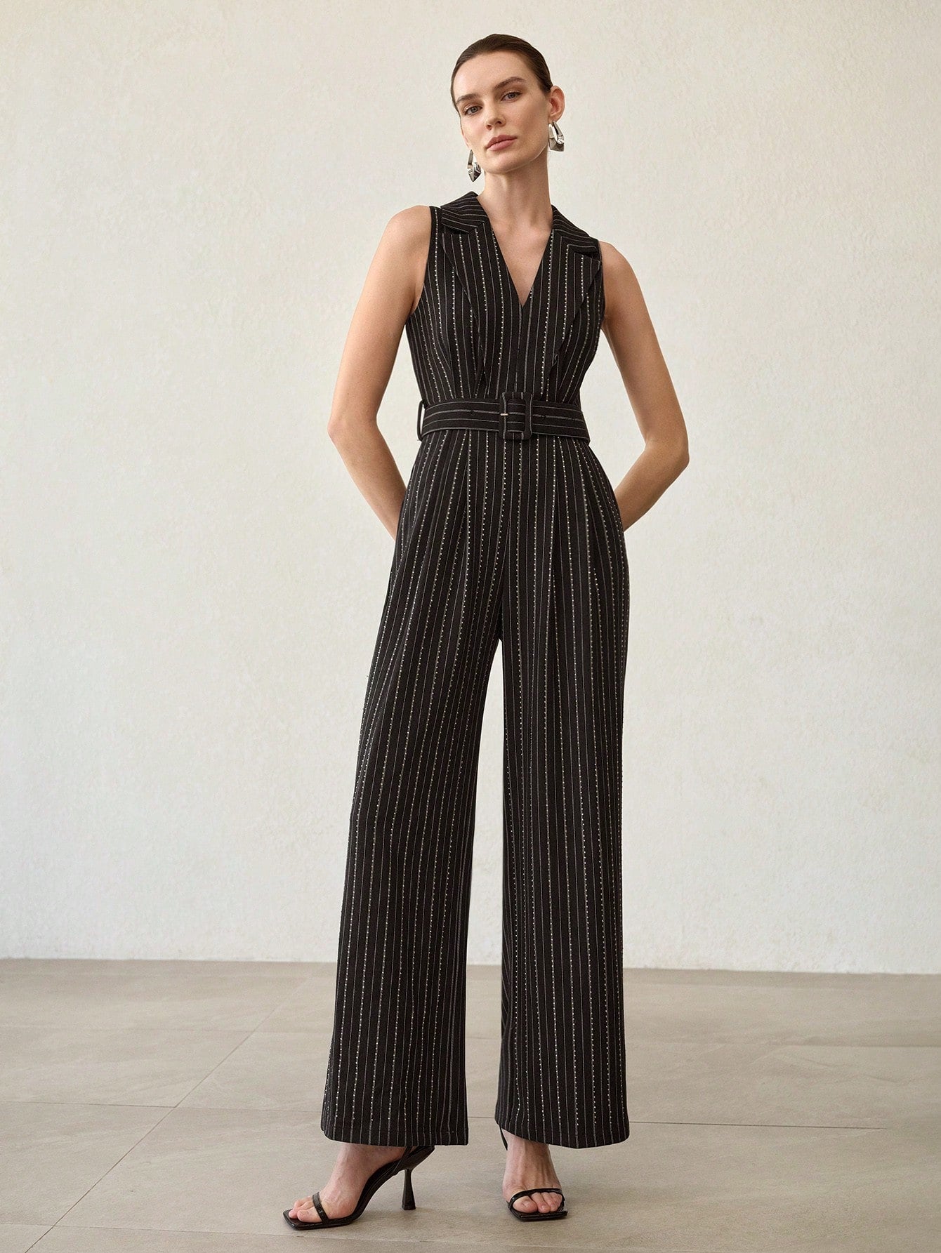 CM-JS414256 Women Elegant Seoul Style Striped Print Rhinestone Detail Buckle Belted Wide Leg Jumpsuit