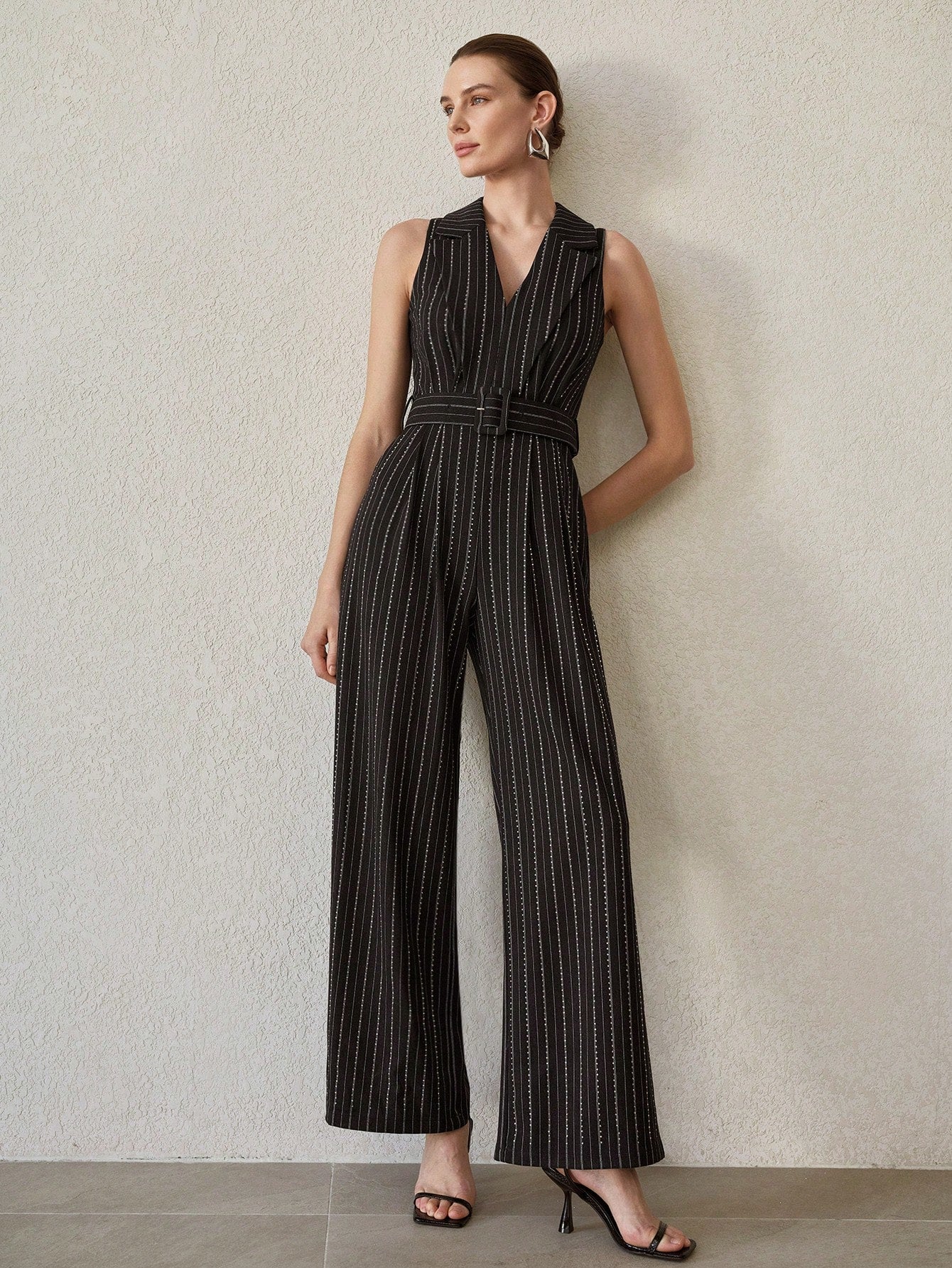 CM-JS414256 Women Elegant Seoul Style Striped Print Rhinestone Detail Buckle Belted Wide Leg Jumpsuit