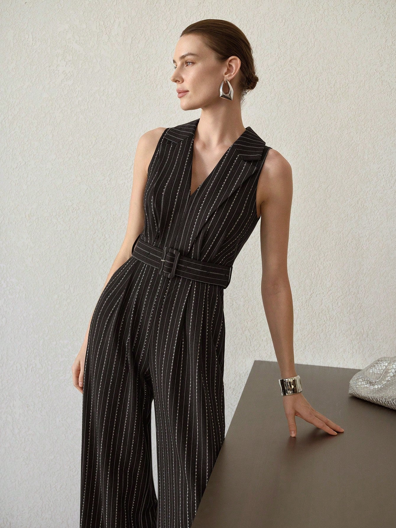 CM-JS414256 Women Elegant Seoul Style Striped Print Rhinestone Detail Buckle Belted Wide Leg Jumpsuit