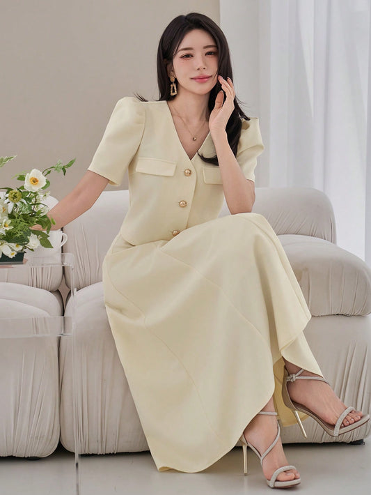 CM-SS636488 Women Elegant Seoul Style Solid Color V-Neck Puff Sleeve Faux Pocket Blouse With A-Line Skirt- Set