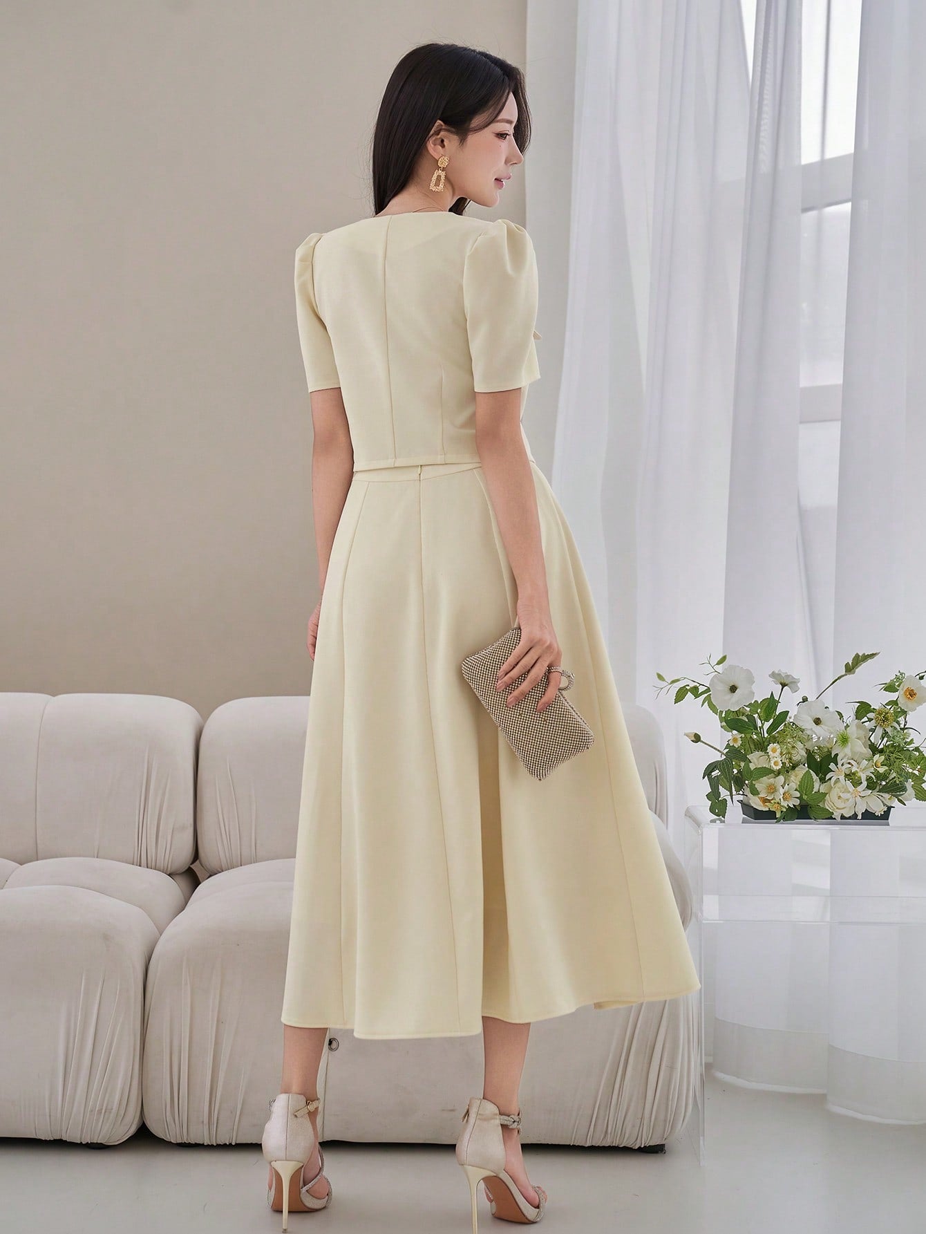 CM-SS636488 Women Elegant Seoul Style Solid Color V-Neck Puff Sleeve Faux Pocket Blouse With A-Line Skirt- Set